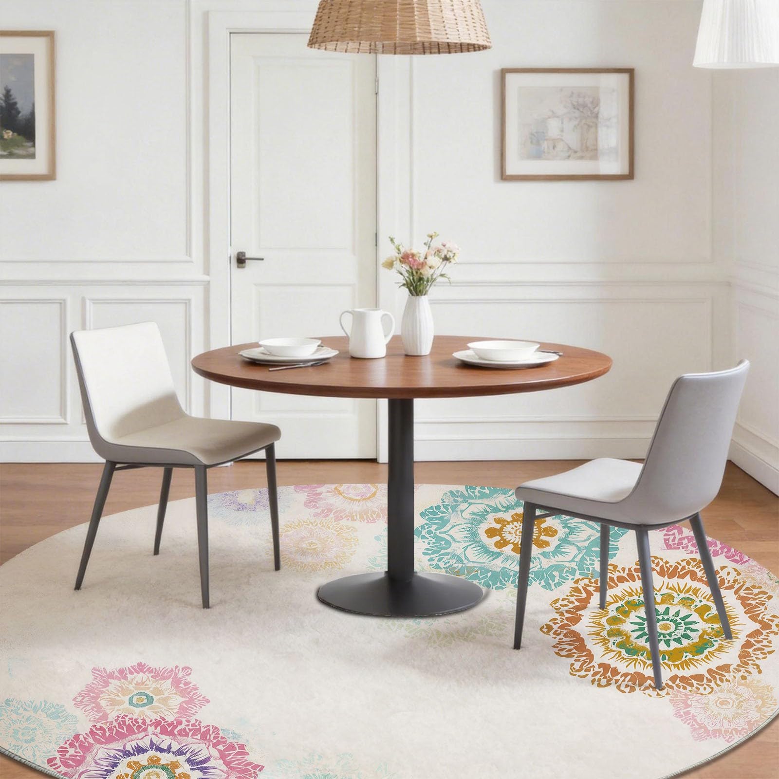Blumen Mandala Teppich Rund Schlafzimmer 120 cm, Traditionell Fein rutschfest Teppich Waschbar, Beige Kurzflor Weich & Sicher Teppiche für Studie Büro