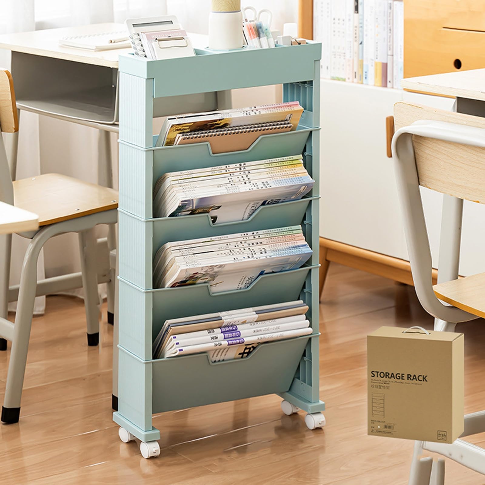 TUOYIBO Mobile Bookshelf, Mobile Bookshelf with Wheels, Mobile Unique Bookcase, Multi-Functional Rolling Utility Cart with Pen Holder, for Office, Dorm, Classroom, Nursery