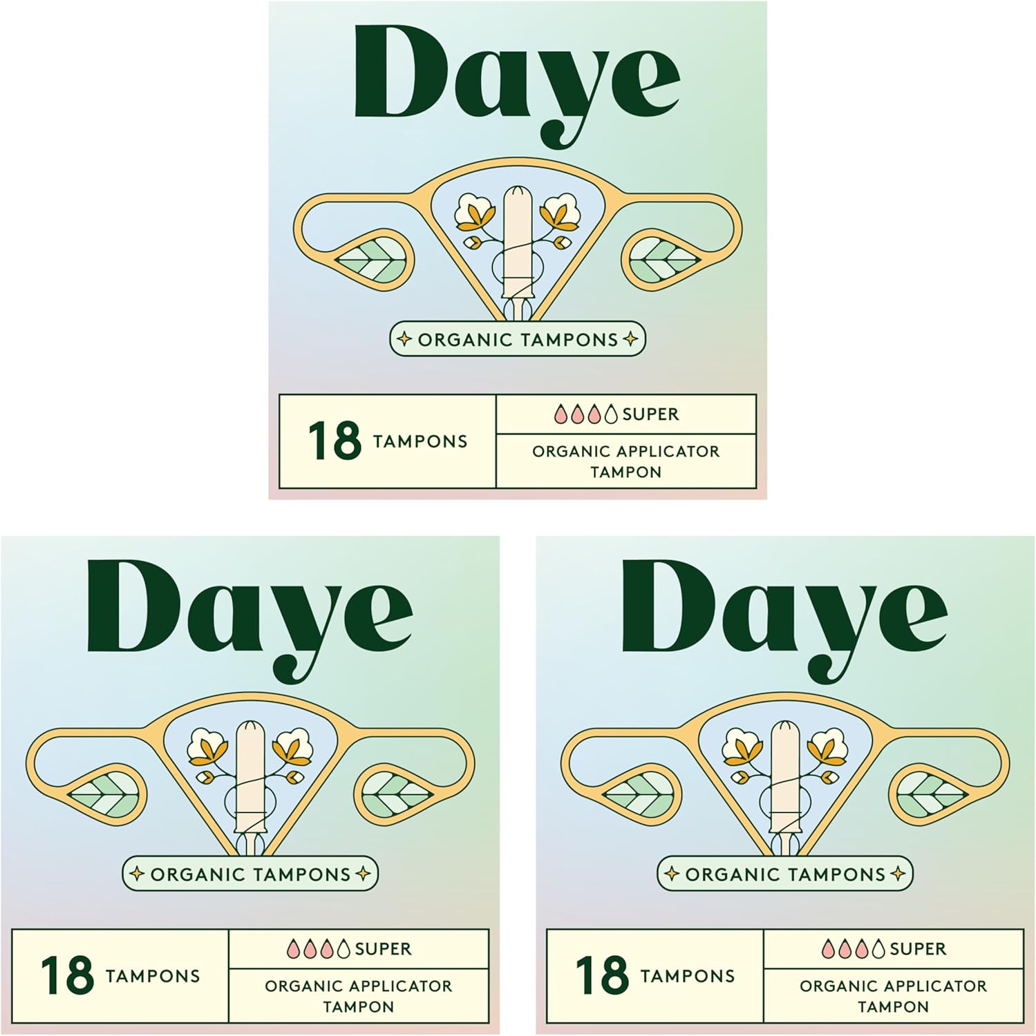 Daye Super Organic Tampons 54ct: 100% Organic Cotton, Pesticide & Metal-Free, Heavy Flow, No-Shed, Sugarcane Applicator