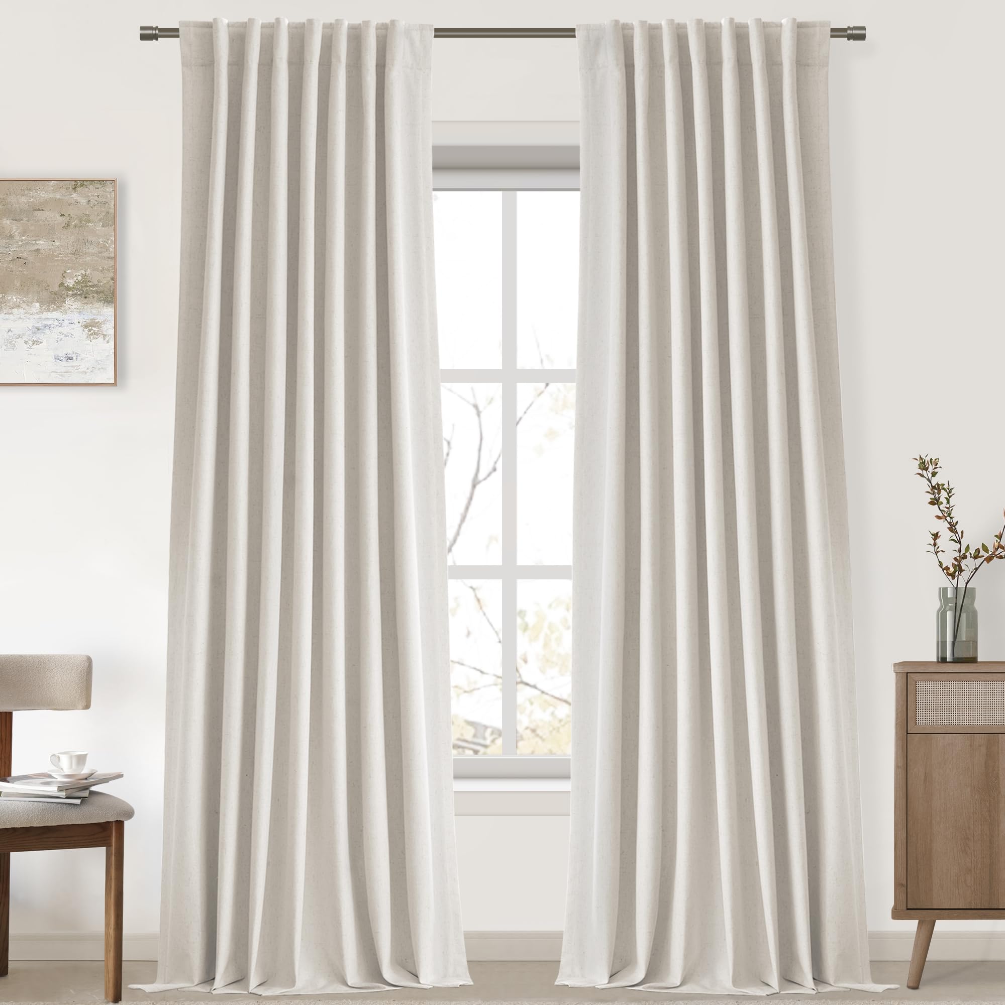 UHITECH Cream Linen Blackout Curtains for Bedroom 86 Inches Long 2 Panels Set Back Tab Pocket Black Out Curtain for Living Room Darkening Drapes