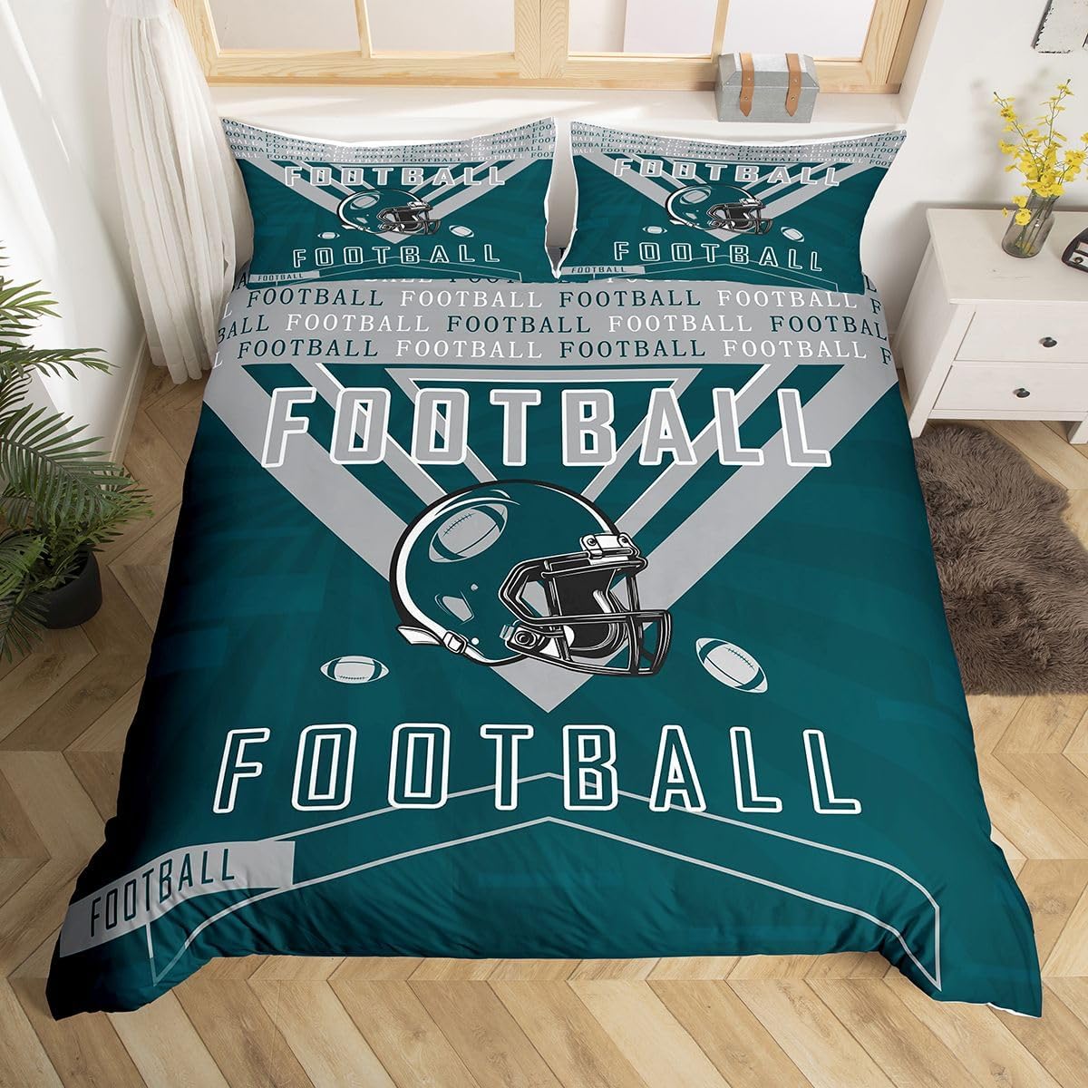 Feelyou Football Duvet Cover Boys Girls Full Size Rugby Sports Bedding Set Women Men Football City Comforter Cover Sports Theme Bedclothes Gray Green