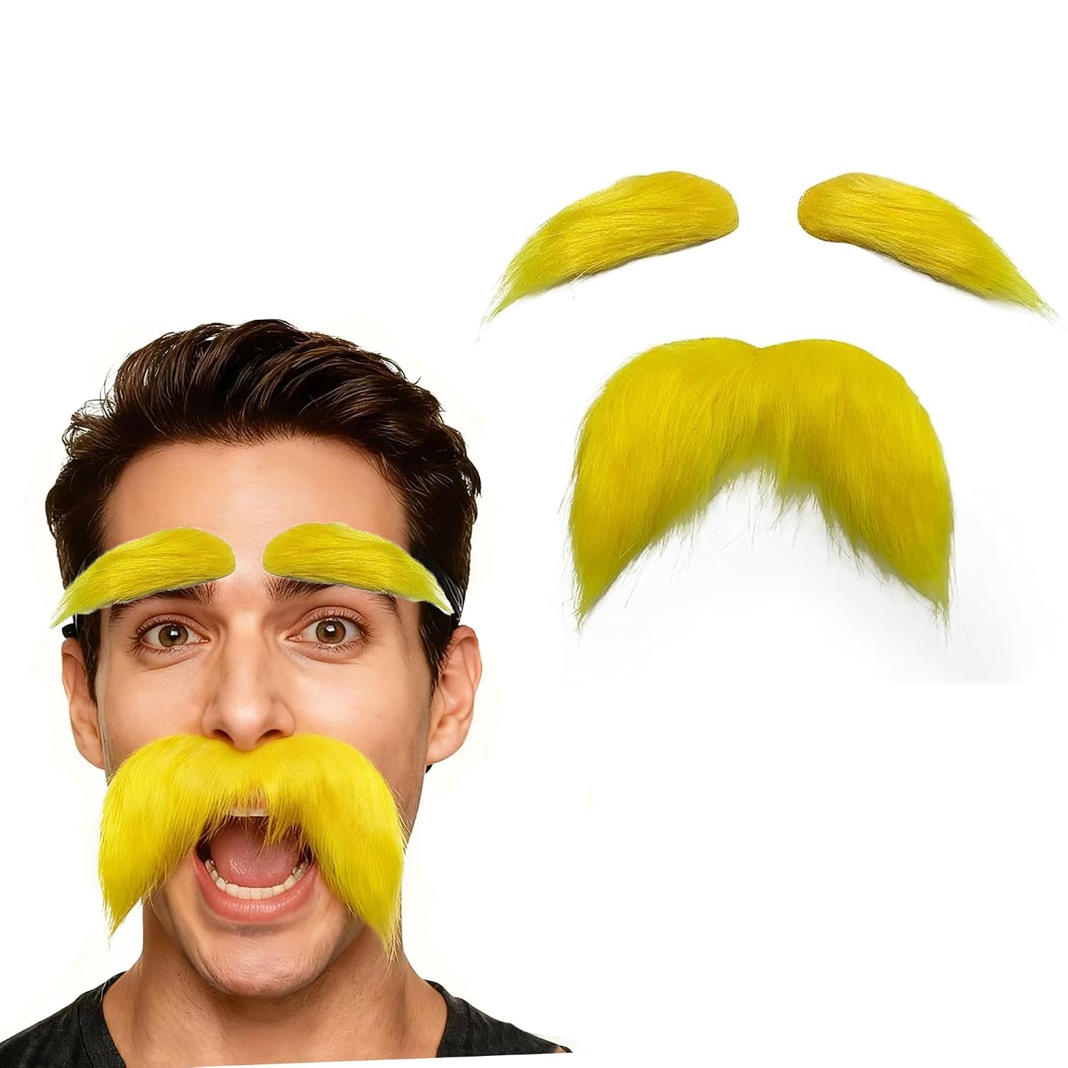 Yellow Mustache and Eyebrows Set Fake Beard for Men Novelty Mustaches Cosplay Holiday Party Costume Accessories Part (Yellow)