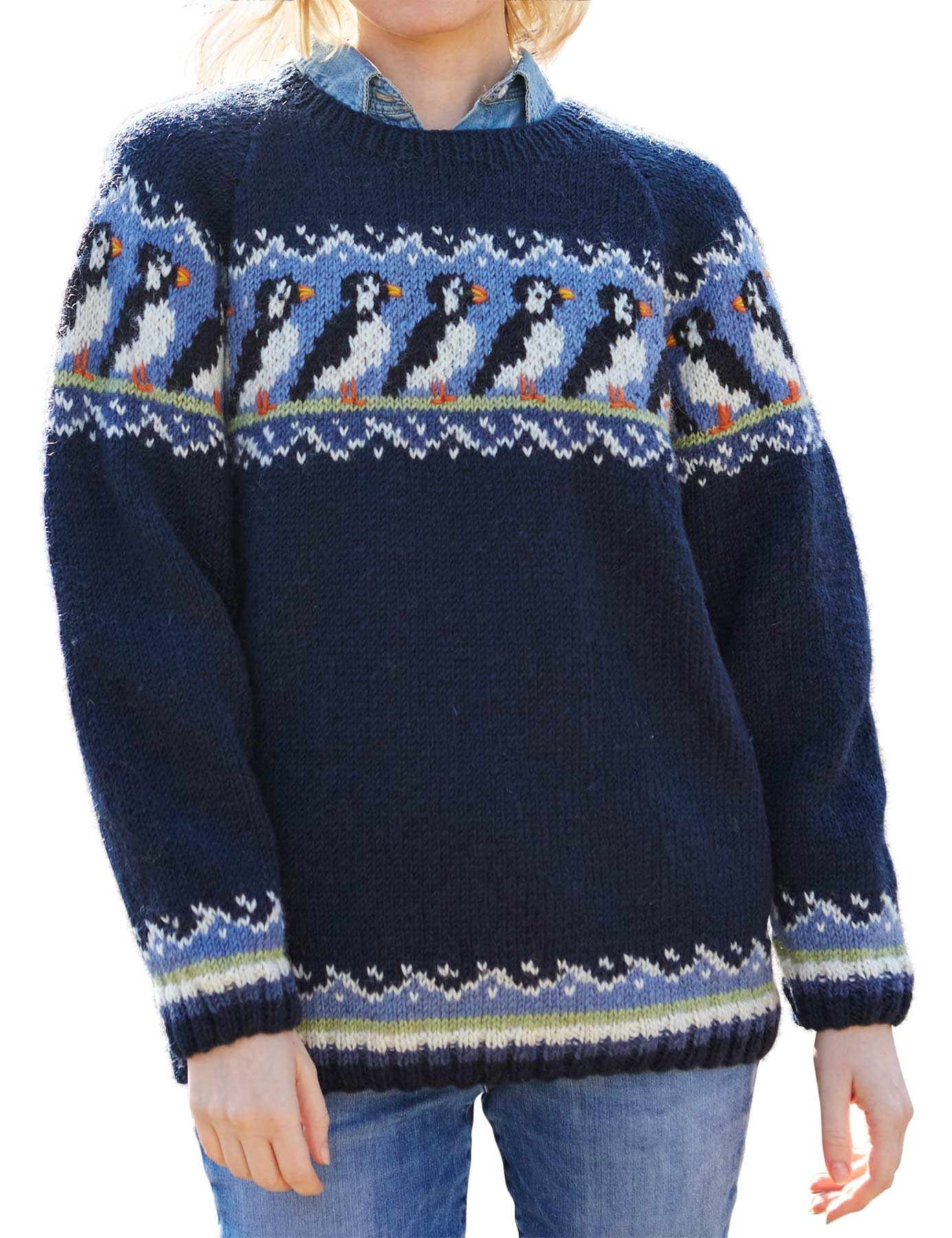 Pachamama Maglione da donna in lana lavorato a mano con disegno di uccellini blu multicolore fatto a mano spesso caldo maglione maglione commercio equo e