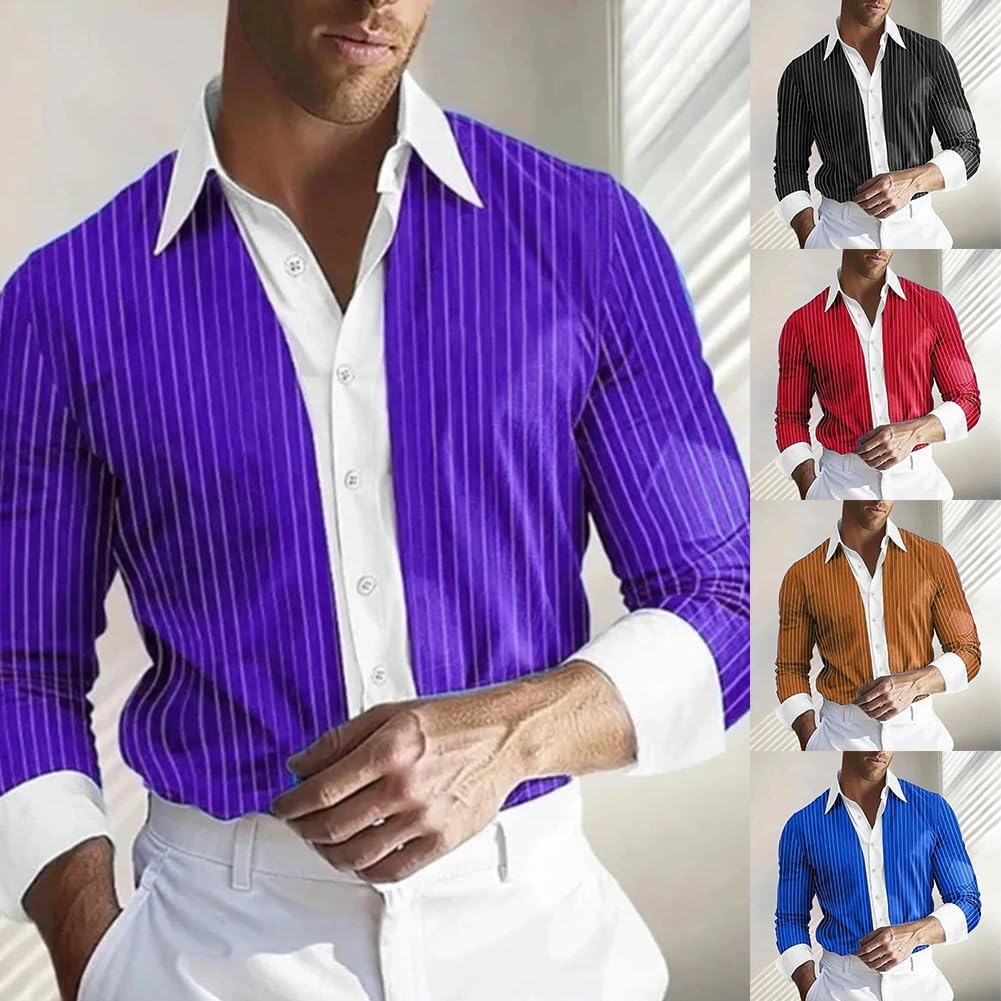 Elegante camicia a righe a maniche lunghe da uomo, perfetta miscela di comfort e stile (2XL viola)