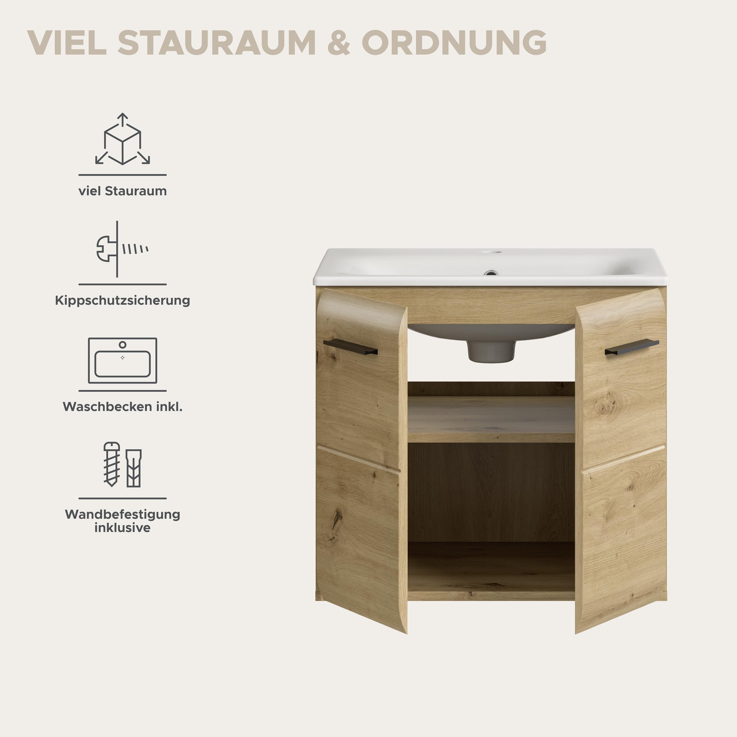 xonox.home – Waschtisch Ice 60x55x46 cm inkl. Waschbecken in Korpus und Front Artisan Oak Nachbildung – Waschplatz für Badezimmer in Holzoptik – modern & kompakt