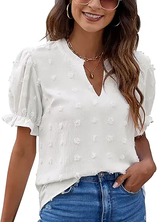 Blooming Jelly Womens Puff Sleeve Summer Tops Chiffon Short Sleeve Blouses White V Neck Pom Pom Shirts