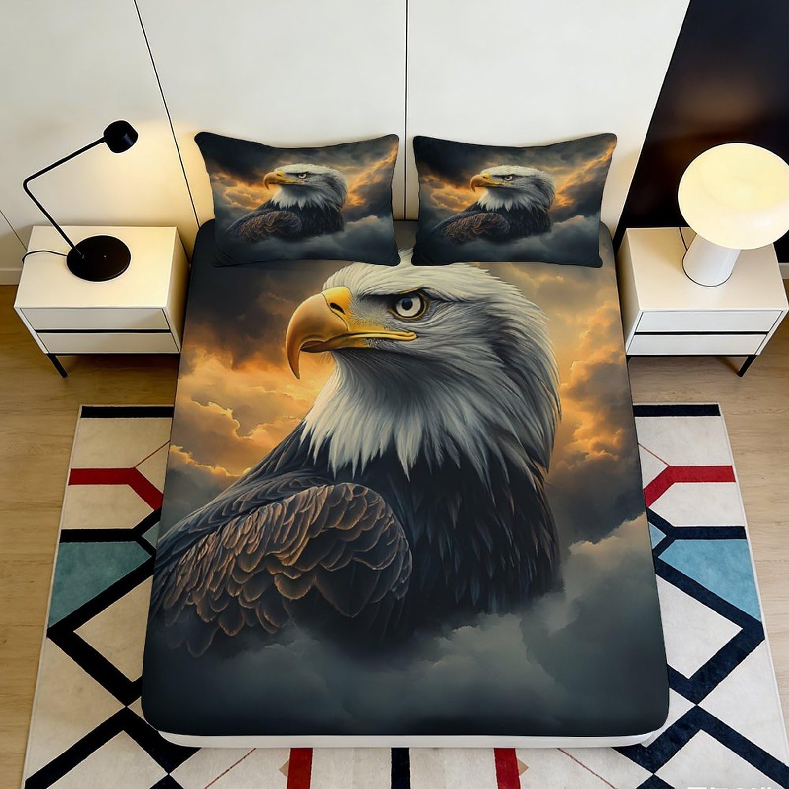 3D Printed Bald Eagle Fitted Sheet Microfiber Soft Breathable Sunset Sky Mattress Cover Bedroom Decor 90x200x25cm