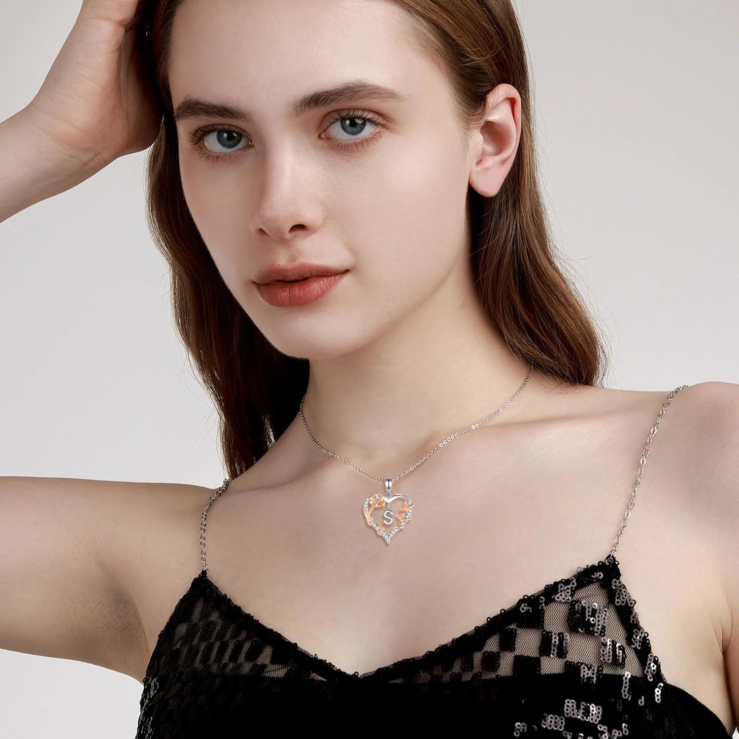 EUDORA Rose Heart Initial Necklace for Women Letter Alphabet Initial Necklaces Copper Rhodium Plated Pendant with Cubic Zirconia, Initials Jewelry Gifts for Women Wife Mother, 18" - Image 8