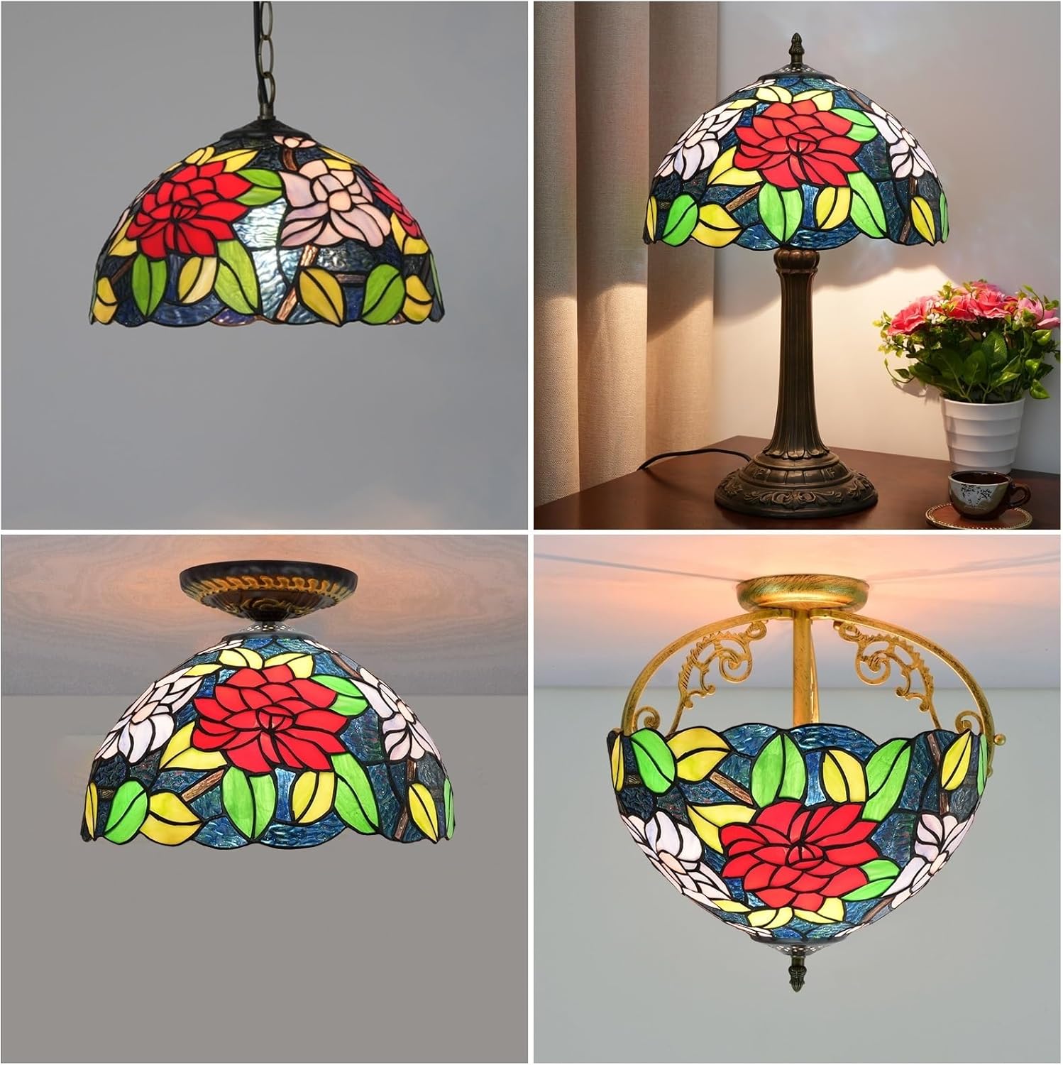 Tiffany Style Lamp Shade 12 Inch Stained Glass Lampshade Replacement Rose Sea Ceiling Light Shade for Table Lamps Pendant Light Floor Lamp Handcrafted Vintage Home Deco