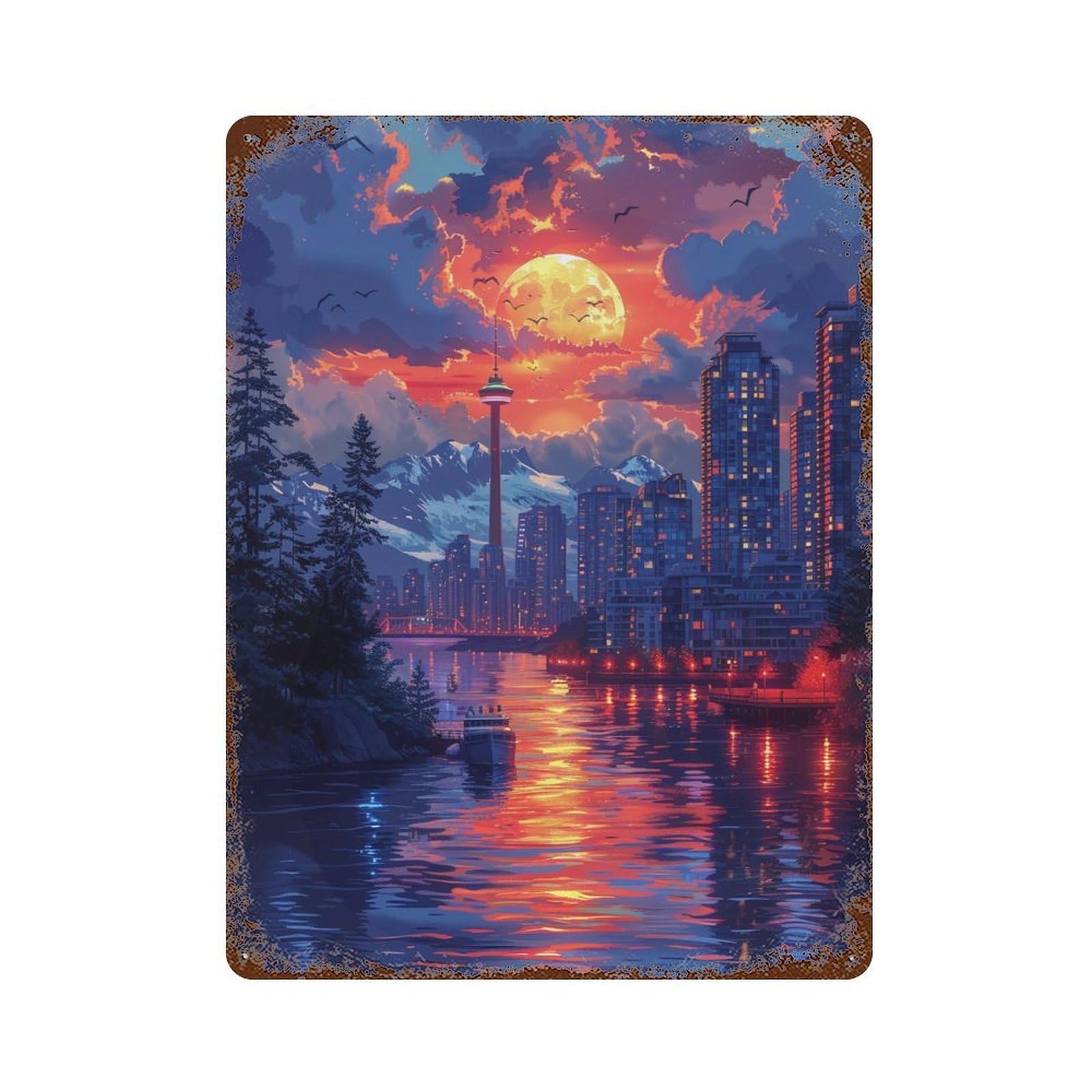 Cityscape Sunset Reflections -2 15.7"x11.8" Vintage Rust Metal Sign, Classic Wall Plaque for Office, Studio And Wall Decor