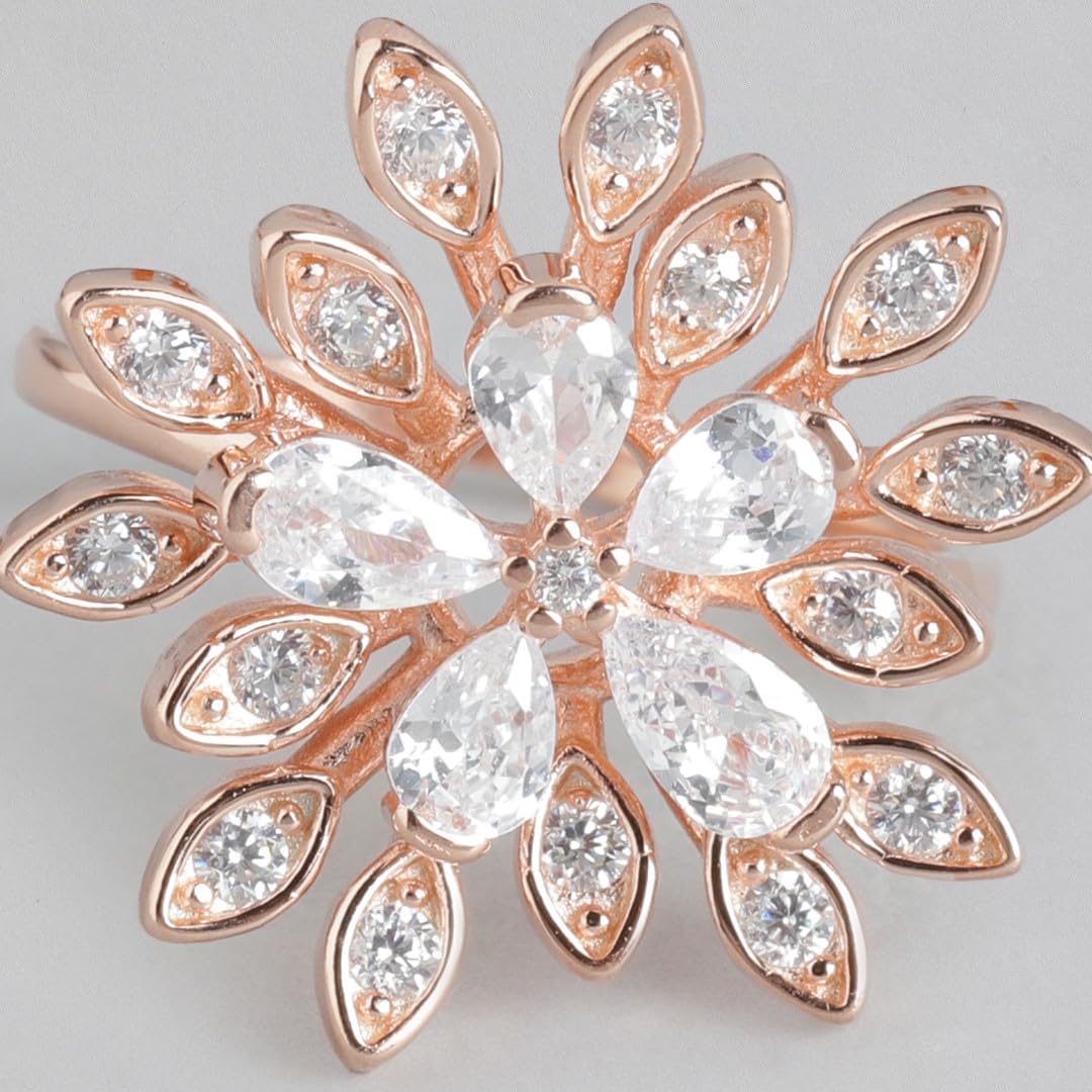 Women's 925 Sterling Silver Floral Studded Rose Plated Ring