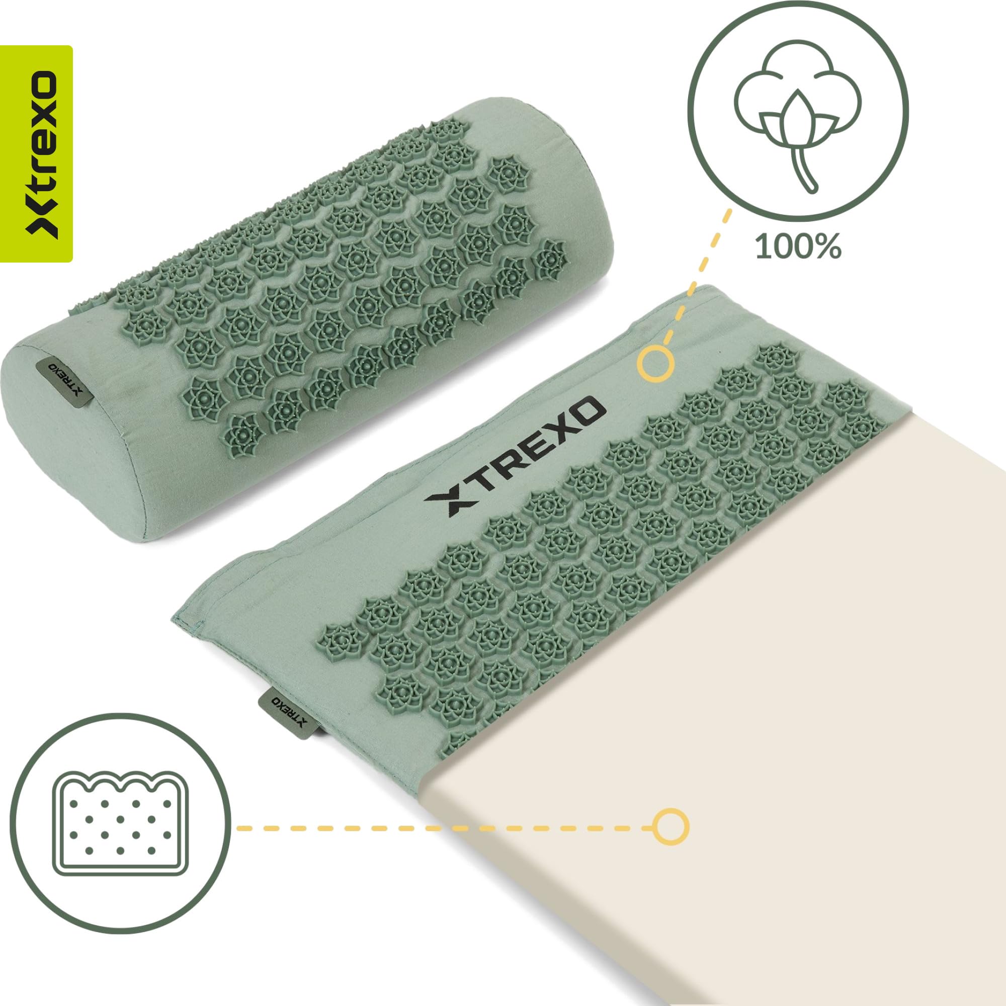 TREXO Grand tapis d'acupression avec coussin vert 110 x 44 x 2 cm avec coussin 38 x 15 cm avec housse en coton et éponge 18D - Pics en PVC résistants à l'abrasion - Soulage les tensions musculaires