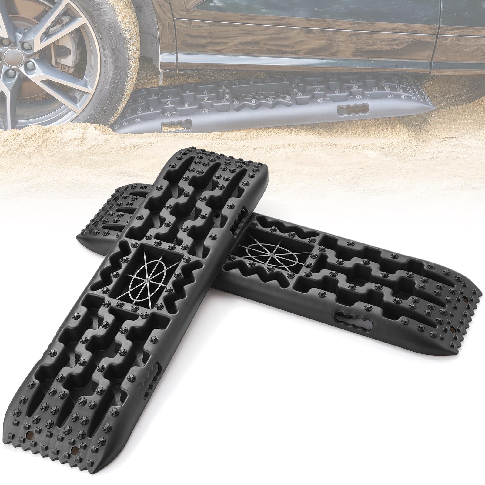 VEVOR Placa de Aterrizaje de PP 10 T Estera de Tracción para Todoterreno/Coche/Pick-up/SUV/RV Tabla de Recuperación de Arena y Lodo de Nieve Bolsa de Almacenamiento, Larga, Negra, 2 Piezas