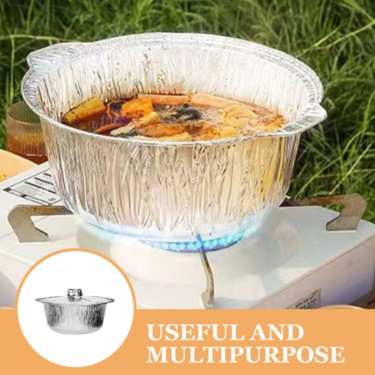 Lot de 8 Marmites Aluminium Jetables 2000 Ml avec Couvercles, Rondes, Légères et Recyclables, pour Camping, Barbecue, Cuisson Four et Réchauffage Rapide