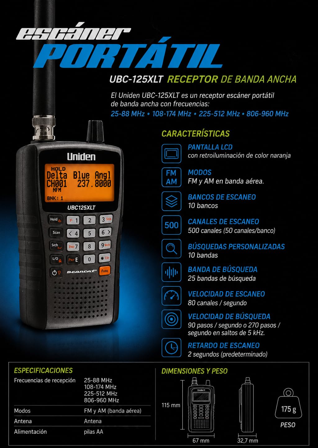 Uniden Bearcat UBC-125XLT Ricevitore scanner portatile a banda larga (25-960 MHz) - Scanner radio con 500 canali, speciale banda aerea AM/FM, ricarica USB e accessori inclusi