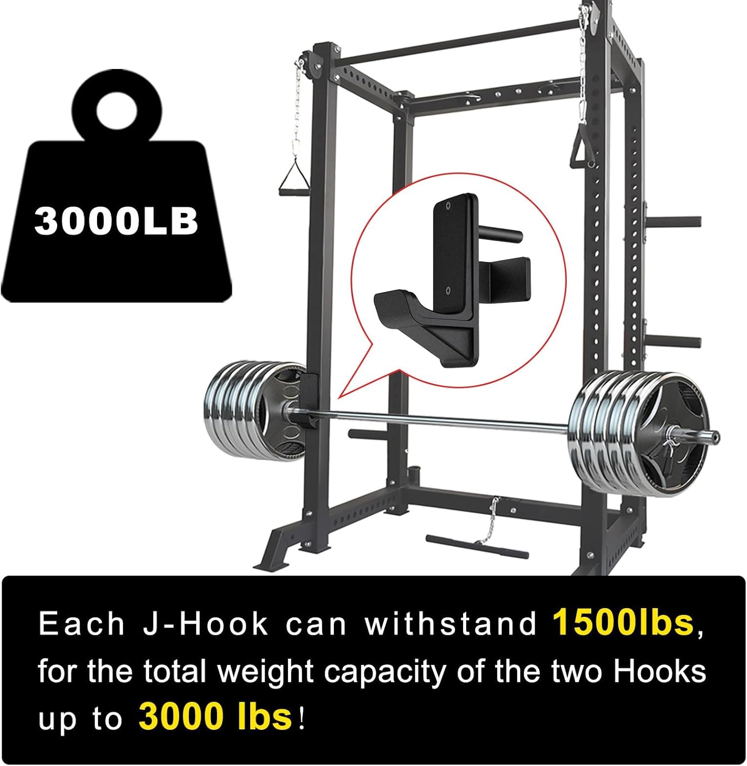 Kipika J-Hooks for 2'x2'and 3'x3' Power Rack - Bottom Reinforced Steel Hooks with Rubber Pad - Set of 2