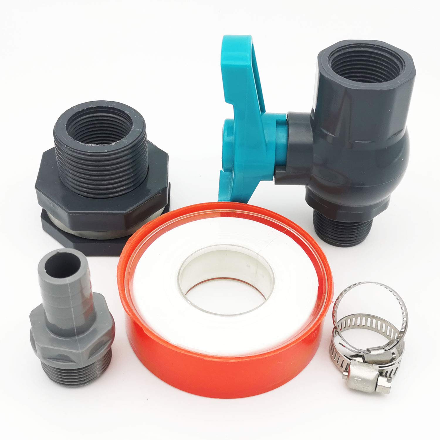 Kit de grifo de PVC para barril de lluvia, kit desviador de barril de agua con accesorio de mamparo, válvula de bola, manguera de jardín (adaptador de 16 mm), abrazaderas de tubería, cinta de