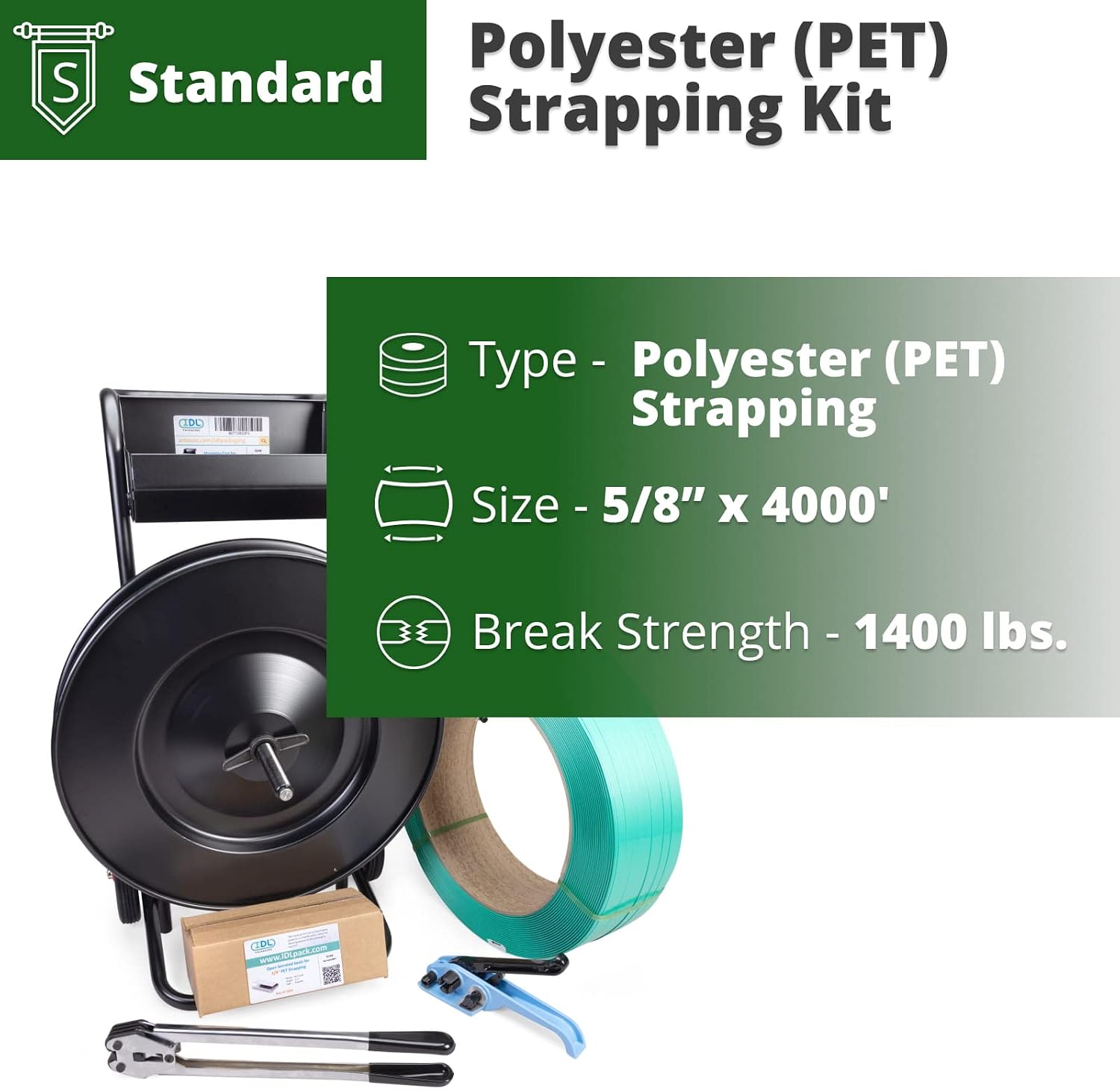 IDL Packaging - PET-B-58-D 5/8" Polyester Strapping Kit, Standard with Dispenser - All You Need to Strap a Pallet