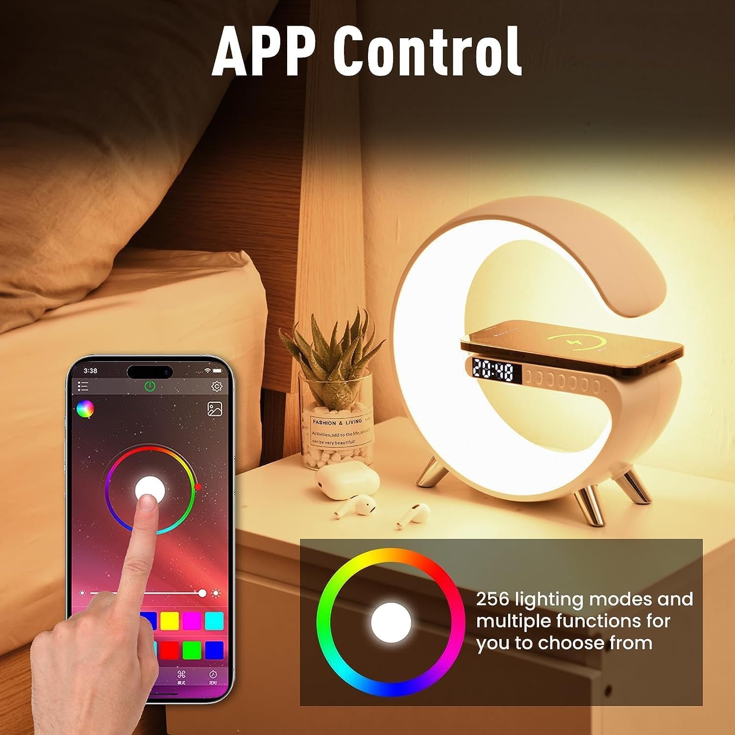 Lampada da tavolo a LED intelligente, caricabatterie wireless 4 in 1, luce notturna, sveglia, altoparlante Bluetooth con controllo app, lampada da comodino con stazione di ricarica per camera da letto