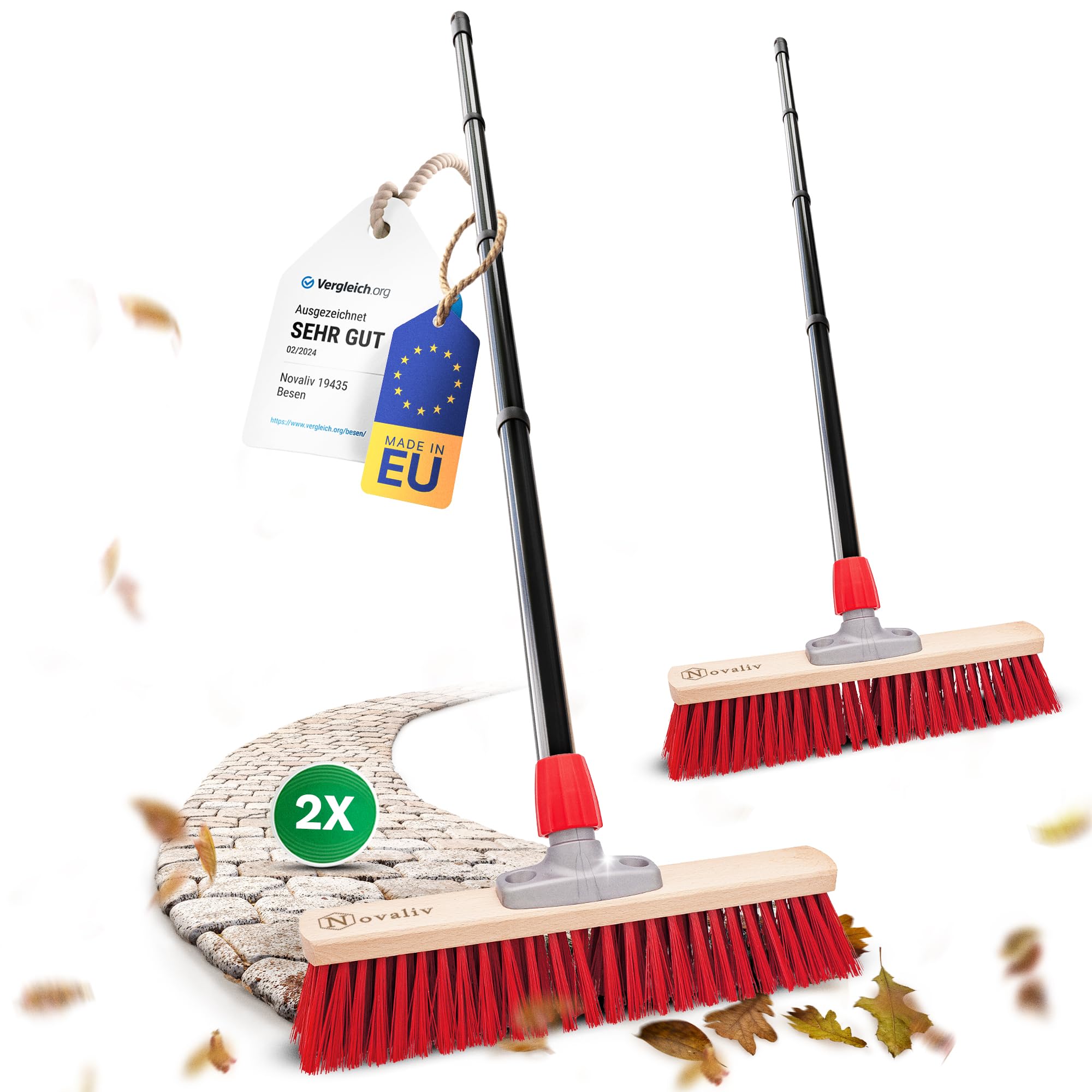 Novaliv 2 scope da strada, 40 cm, con manico esterno, setole in elaston, ideali come scopa da giardino, setole dure con manico, scopa da cortile, scopa industriale per esterni