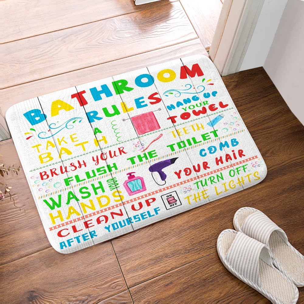 Kids Bath Mat, Funny Teen Girl Boy Non-Slip Flannel Soft Doormat, Cute Colorful Bathroom Rules on Country Wooden Floor Entryways Outdoor Indoor Front Door Mat (19X31)