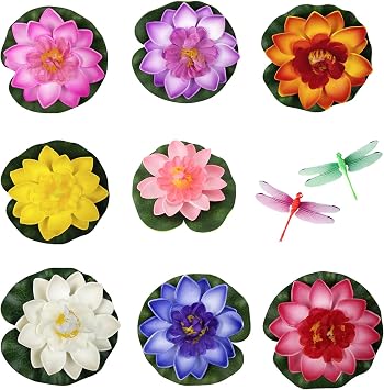 GWAWG Pack of 8 Floating Flowers, Floating Water Lily, Floating Lotus Flowers, Floating Aquarium Plants, Artificial Lotus with Dragonfly for Pond Decoration