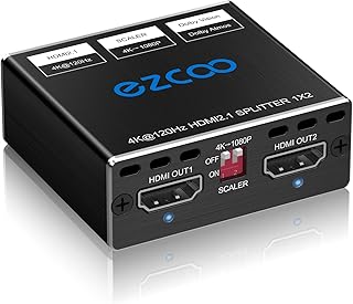 8K@60Hz HDMI 2.1 Splitter 1 in 2 Out, 4K@120Hz HDMI Splitter 1X2, HDCP 2.2, 2.3 Bypass, Supports VRR, ALLM, Dol-by Vision&Atmos Audio, 3D, EDID, Downscaler, Apply to PS5, Ninten-do, Xbox, Blu-ray
