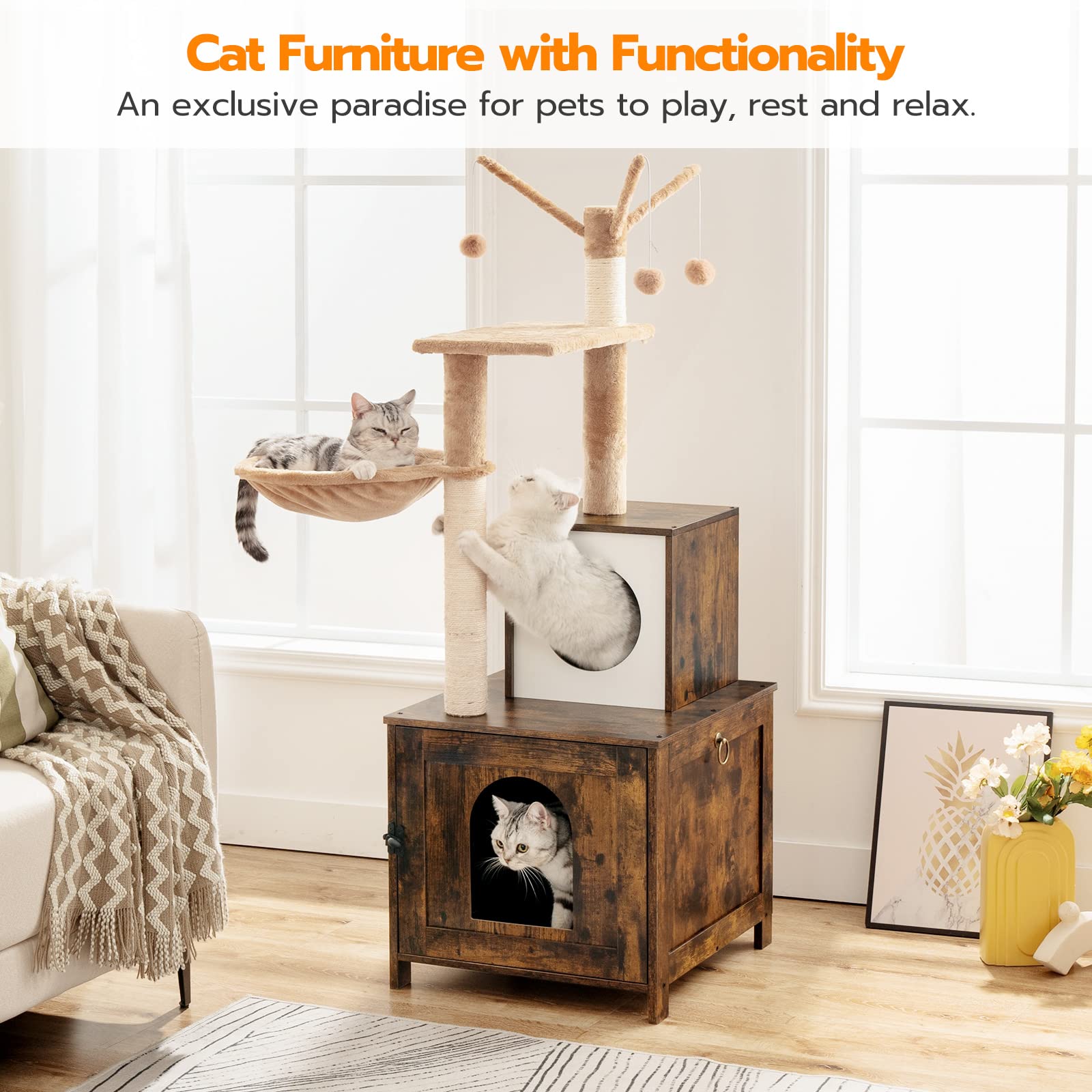 HOOBRO Cat Tree with Litter Box Enclosure, Wooden Cat Tower with Cat