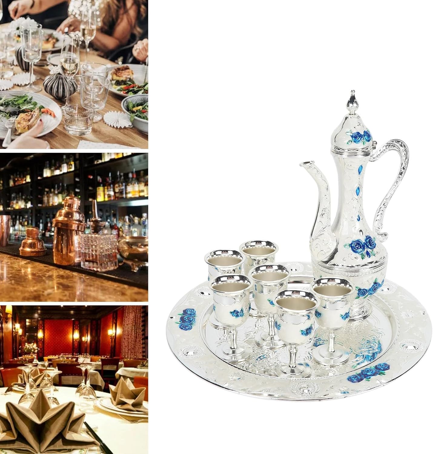 Vintage Coffee Pot Set, European Court Style Metal Tea Pot Cups Set, Wine Pot Set Decoration for Home Wedding (Sliver White Blue)