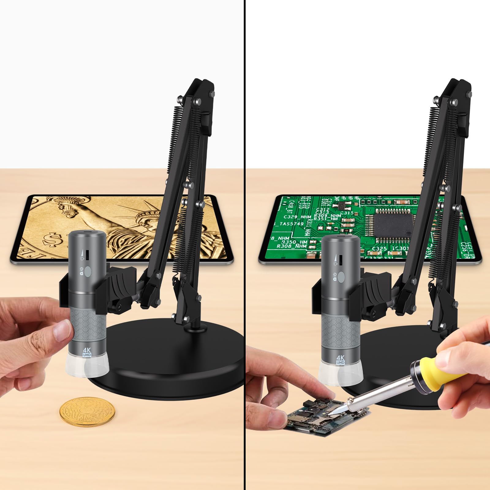 Microscopio digital WiFi 4K para iPhone, teléfono Android y Windows Mac Linux Chrome, cámara de microscopio inalámbrica HD 3840 x 2160p con soporte ajustable para adultos y niños