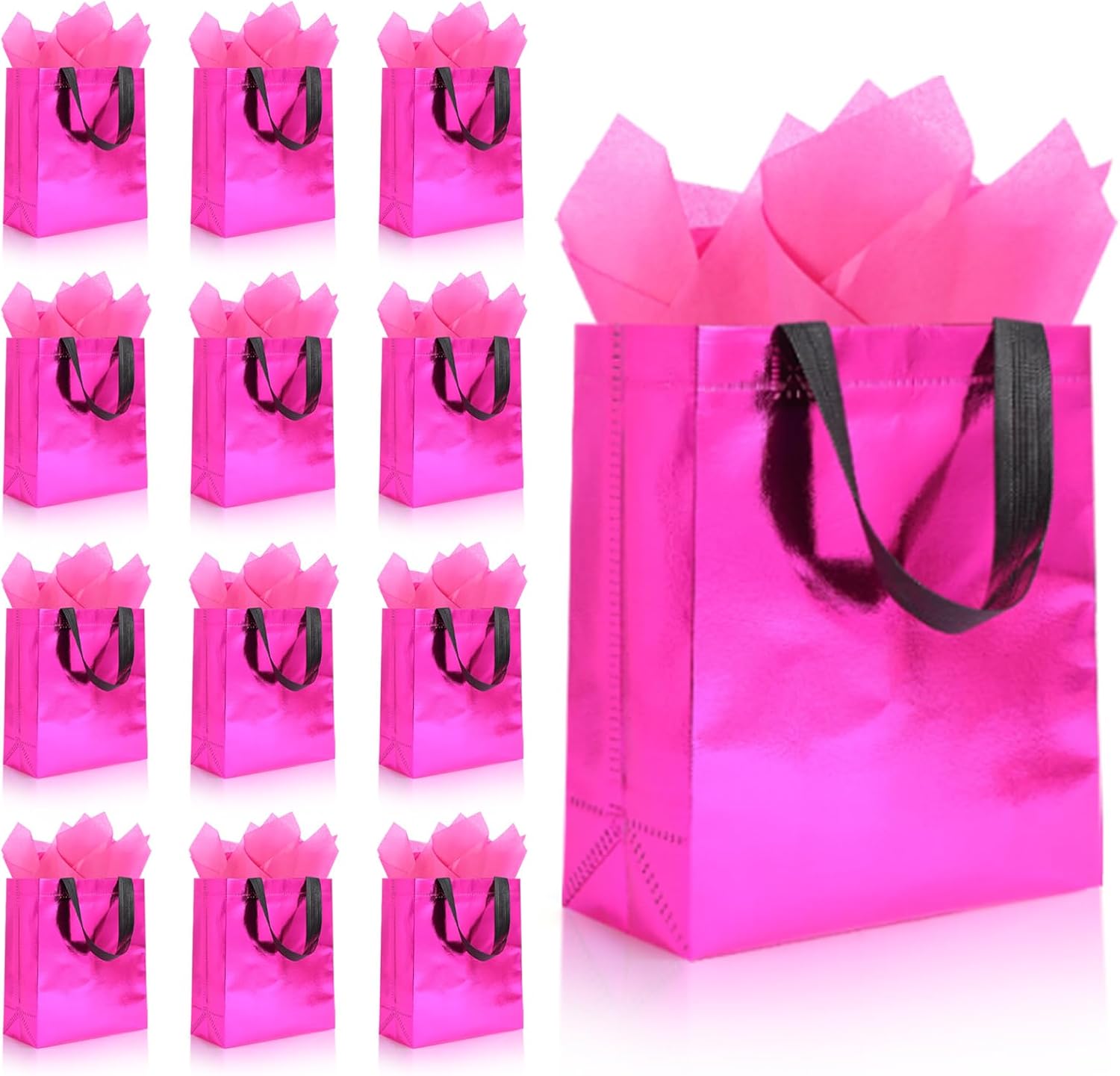 Ethhqu 12 Pack Reusable Pink Gift Bags with Handles, Medium Size 10x4x8 Inches – Includes 24 Tissue Papers for Birthday Party, Wedding, Baby Shower, Christmas & Holiday Gifts (Pink Gift Bag, 12Pcs)