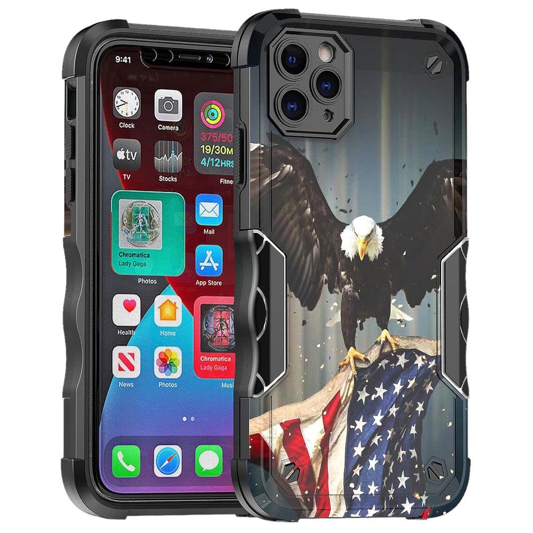 Cass Creations Case Compatible with iPhone 11 Pro Max (6.7 Inch), Hybrid Shockproof Bumper Protective Phone Cover - American Bald Eagle Flying with Flag