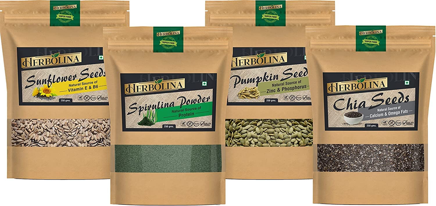 Herbolina Seeds Pack of 1kg (Combo of Sunflower Seeds, Spirulina Powder, Pumpkin Seeds, Chia Seeds) Each 250g