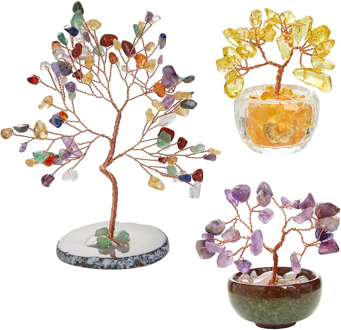 3 PCS Crystal Tree House Chakra Decor Feng Shui Tree Yellow Crystals Amethyst Life 7 Chakra Healing Crystal Trees for Women Arbol De La Vida Spiritual Gifts Home Office Zen Décor