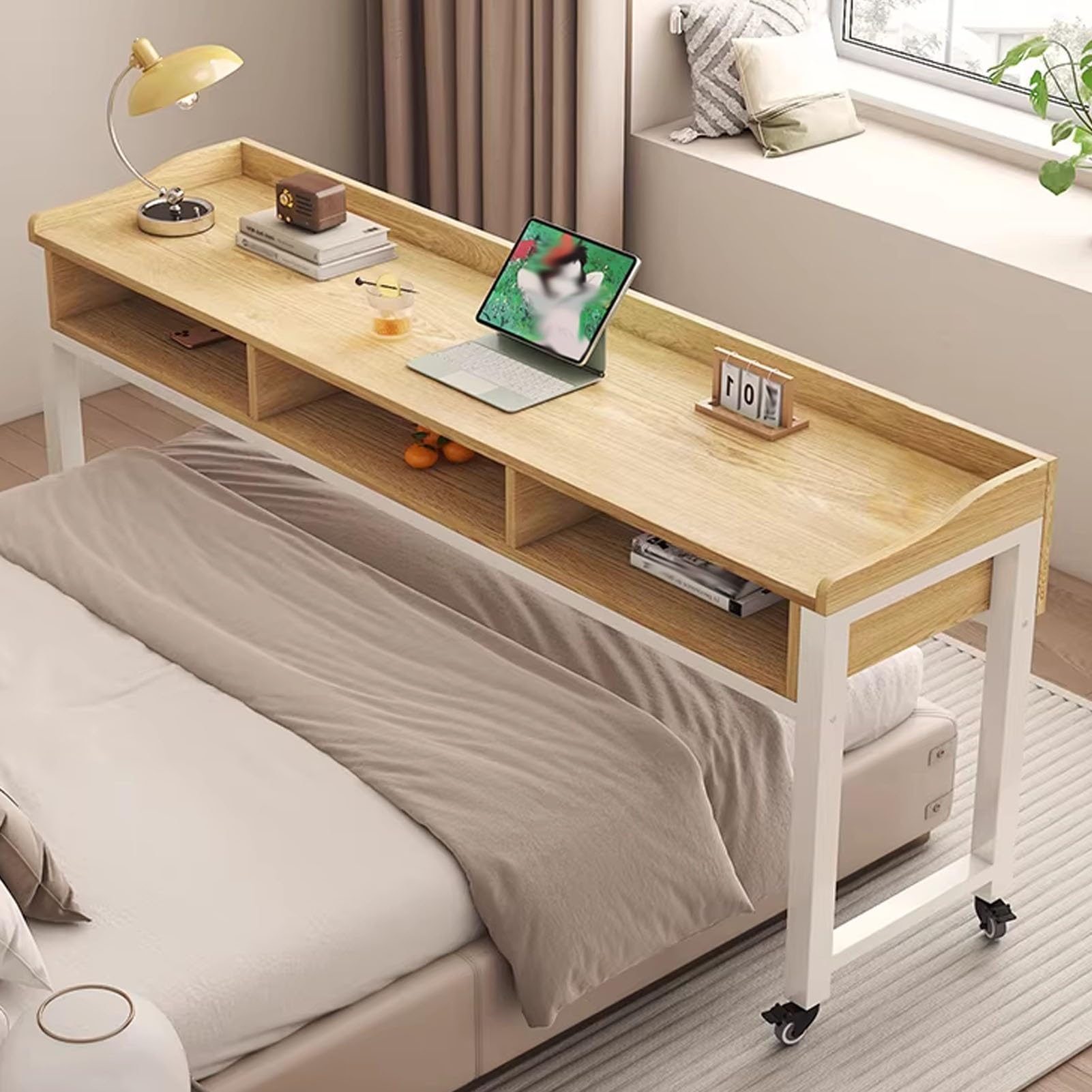 Au-dessus du lit table roulettes bureau mobile 140x40cm bois naturel
