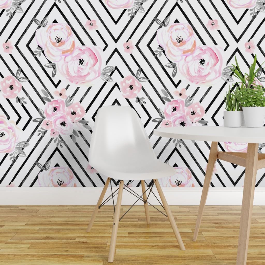 Removable Wallpaper 6ft x 2ft - Boho Geometric Floral Pink Black Rose Diamond Boho Blush Pastel Baby Custom Pre-Pasted Wallpaper by Spoonflower