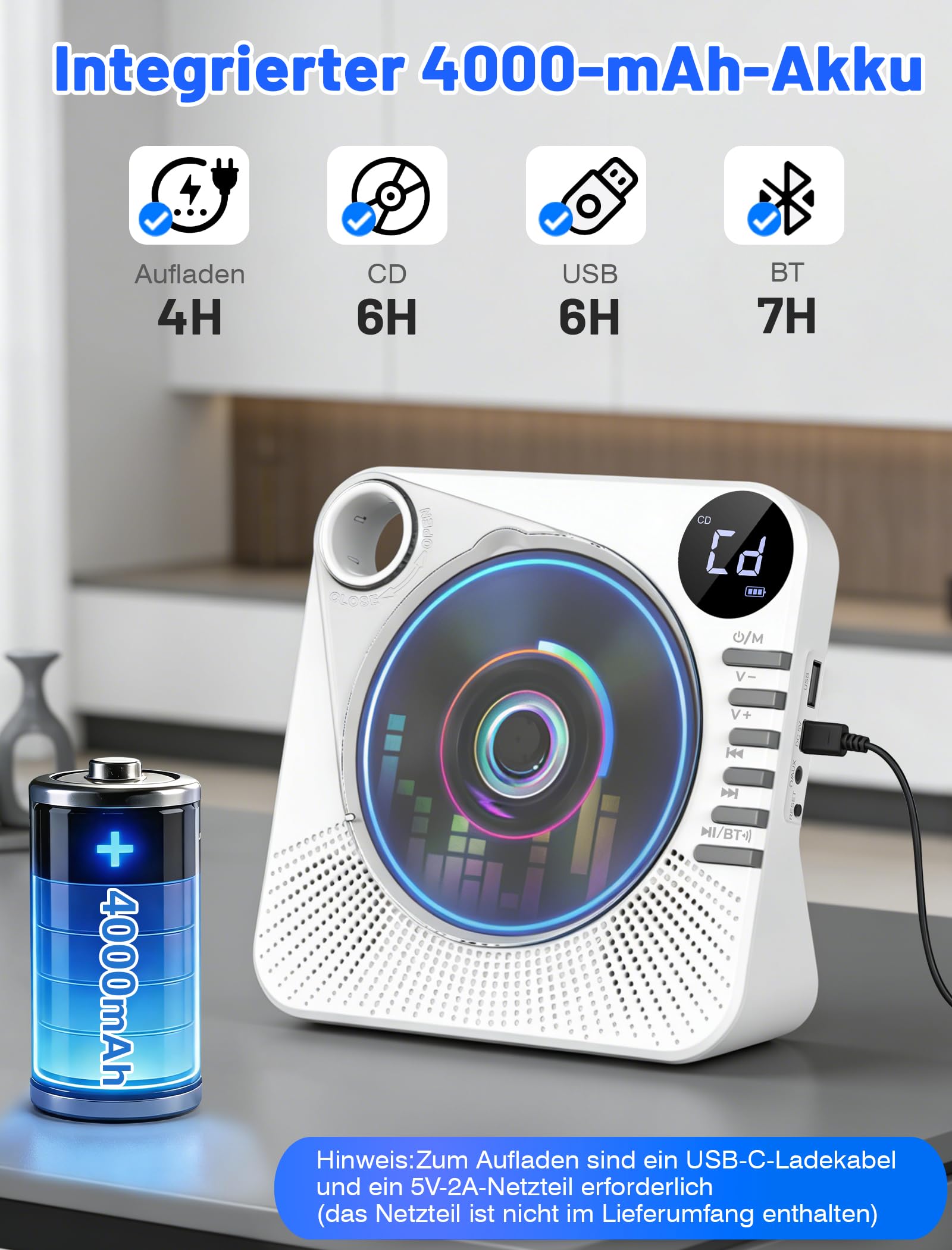 Tragbarer CD-Player 4000mAh Wiederaufladbar, Bluetooth 5.1 mit Stereo-Lautsprechern, Fernbedienung, Staubschutz-Schiebedeckel, Anti-Skip, AUX/USB, CD Spieler für Zuhause & Unterwegs - Weiß