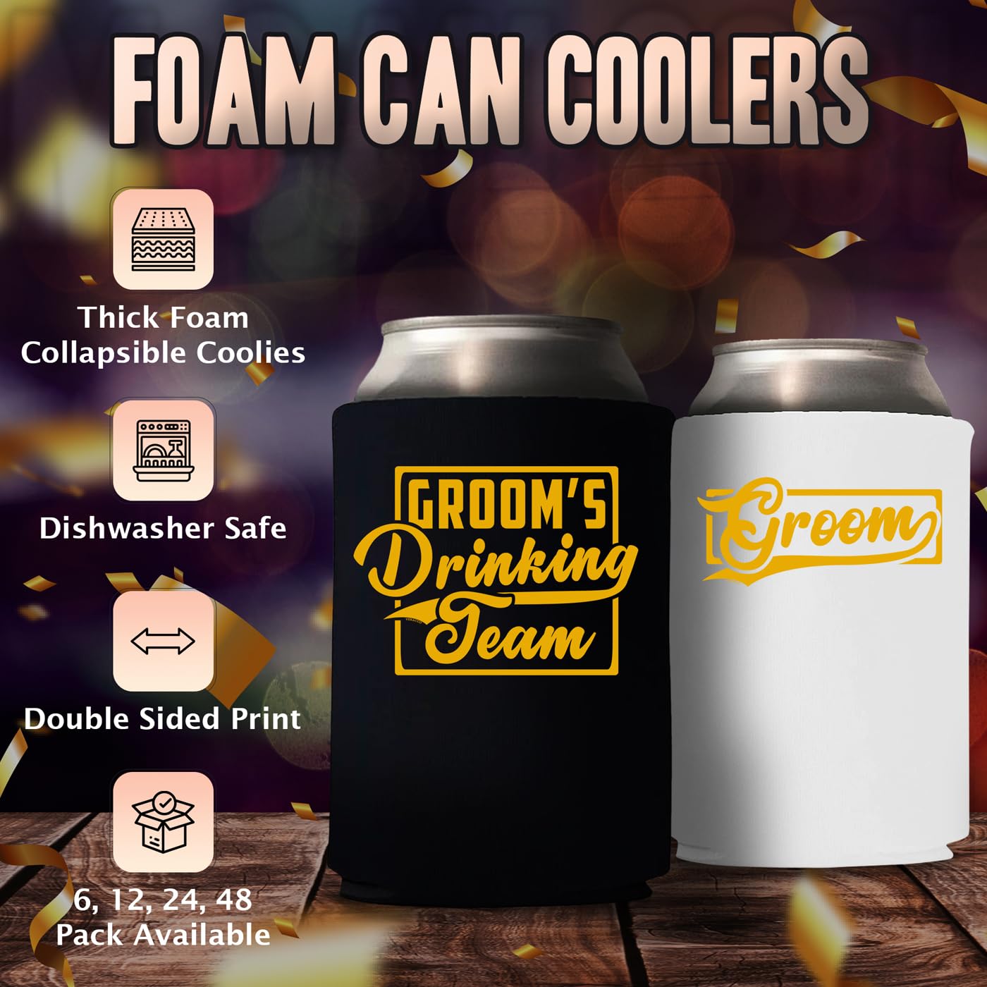 Veracco Groom and Groom's Team Can Coolie Holder Bachelor Party Wedding Favors Gift For Groom Groomsmans Proposal (Gold, 12)