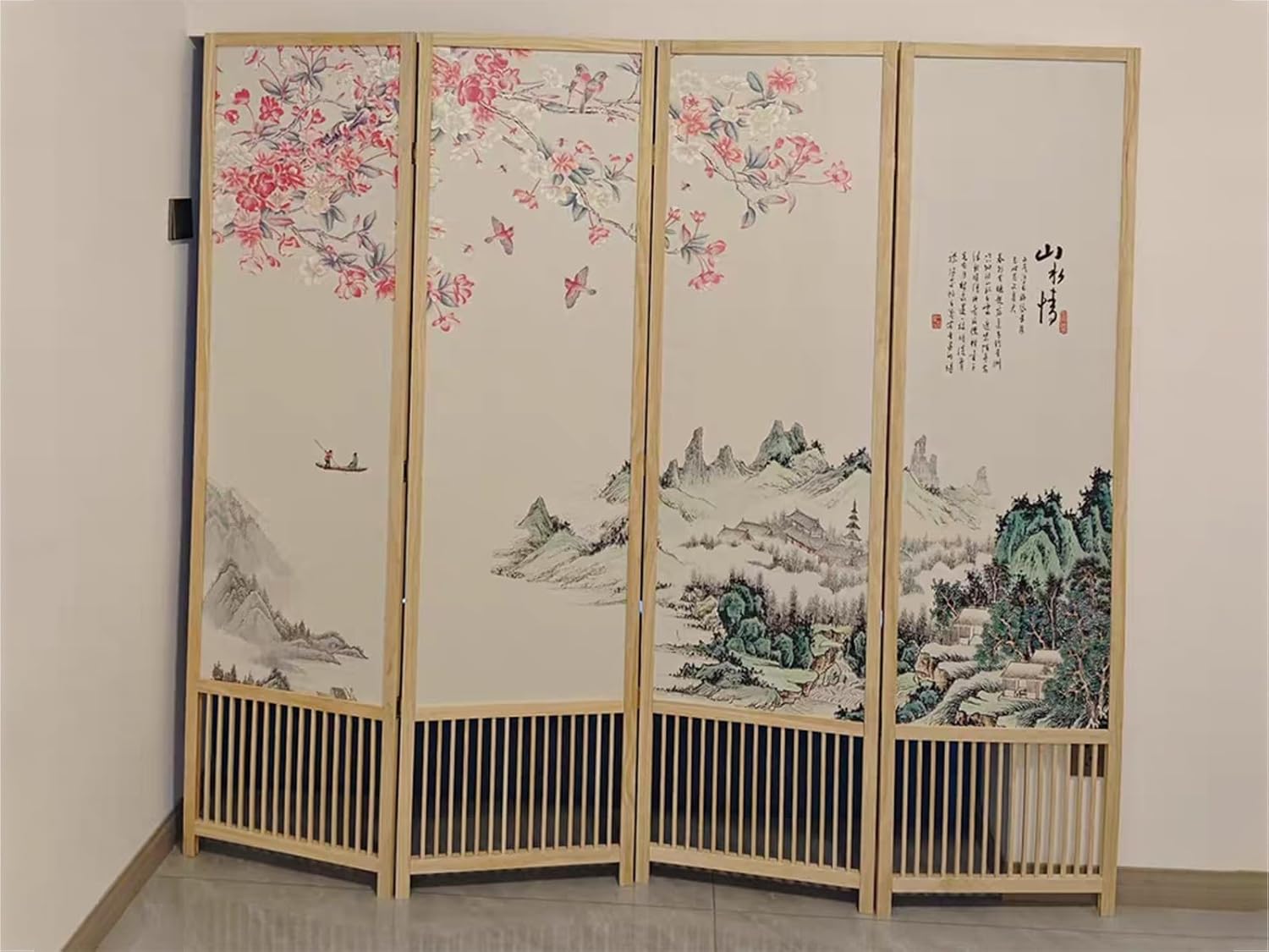 6 8 10 12 Ft Wide Chinese Landscape Wall Dividers with Wood Frame, Foldable Privacy Partition Screen for Room Separation/Doorway/Kitchen Restaurant/Hotel (Color : 4 Panel, Size : H