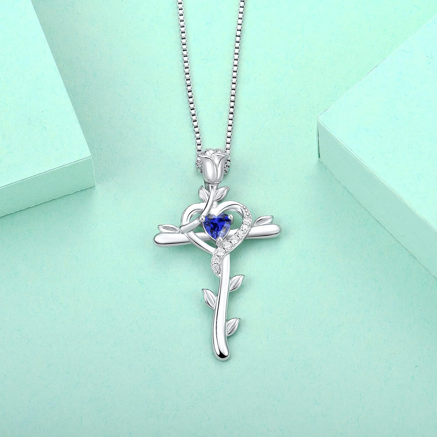 STARCHENIE Rose Cross Necklace 925 Sterling Silver Heart Crucifix Pendant Birthstones Jewelry for Women - Image 4