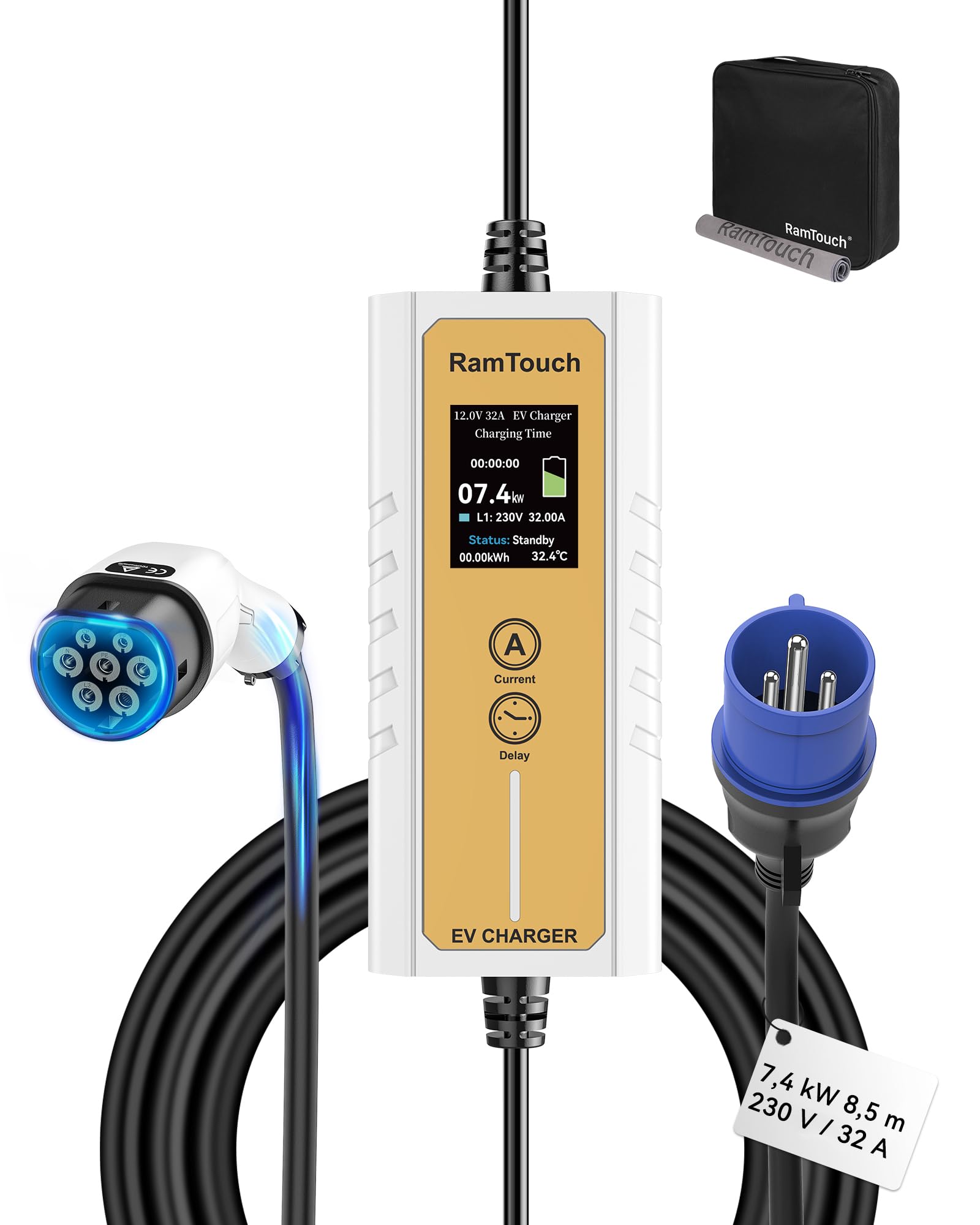 Cargador Coche Eléctrico (7,4 kW, 8,5 m, Tipo 2, CEE 32A) - Cargador Vehículo con Corriente Ajustable 6A-32A, Carga Diferida/Programada, Cable de Carga Tipo 2 para Híbridos y Eléctricos