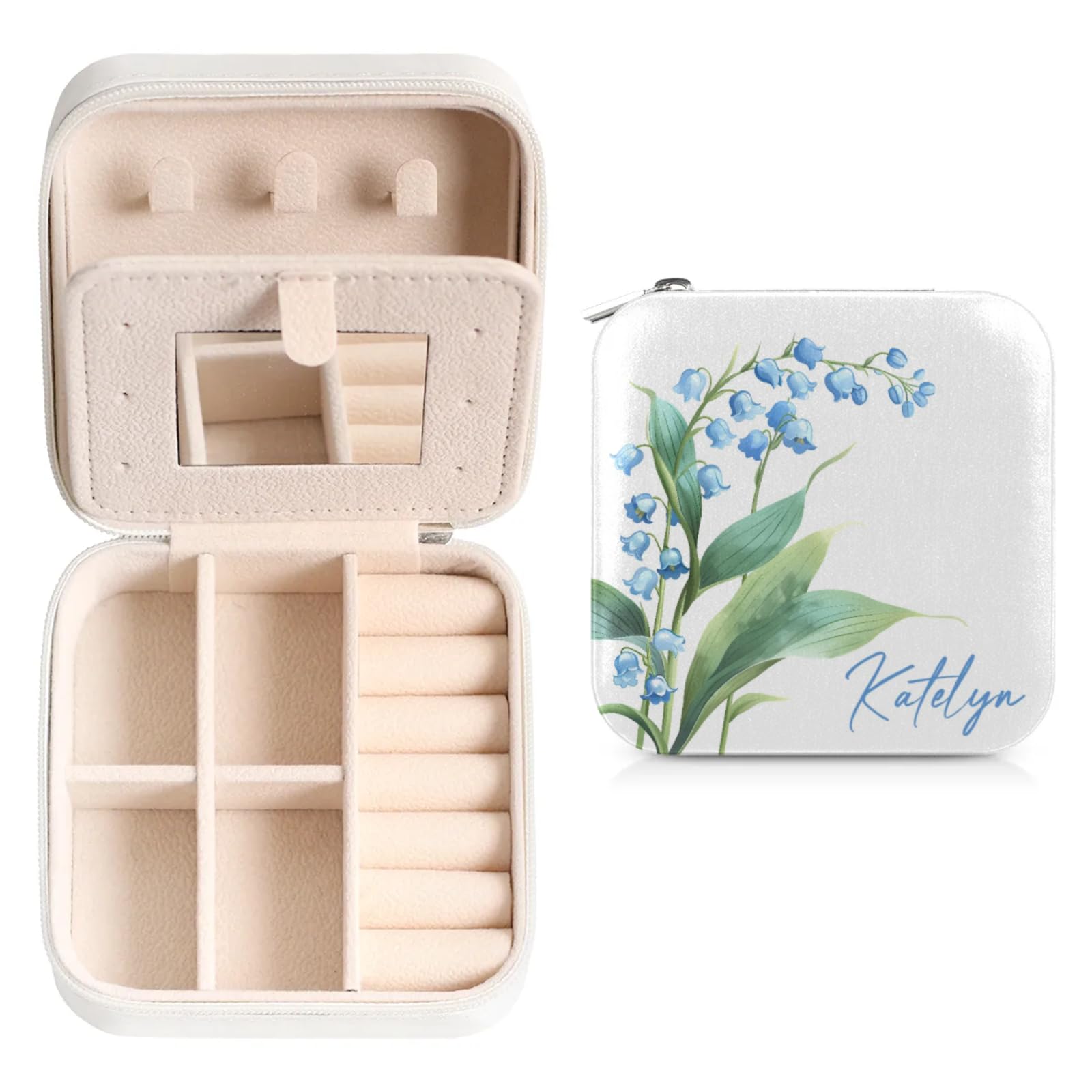 Custom Name Travel Jewelry-Case for Women Personalized Leather Jewelry-Box with Mirror Bridesmaid Gift Organizer with Flowers Blue Lily