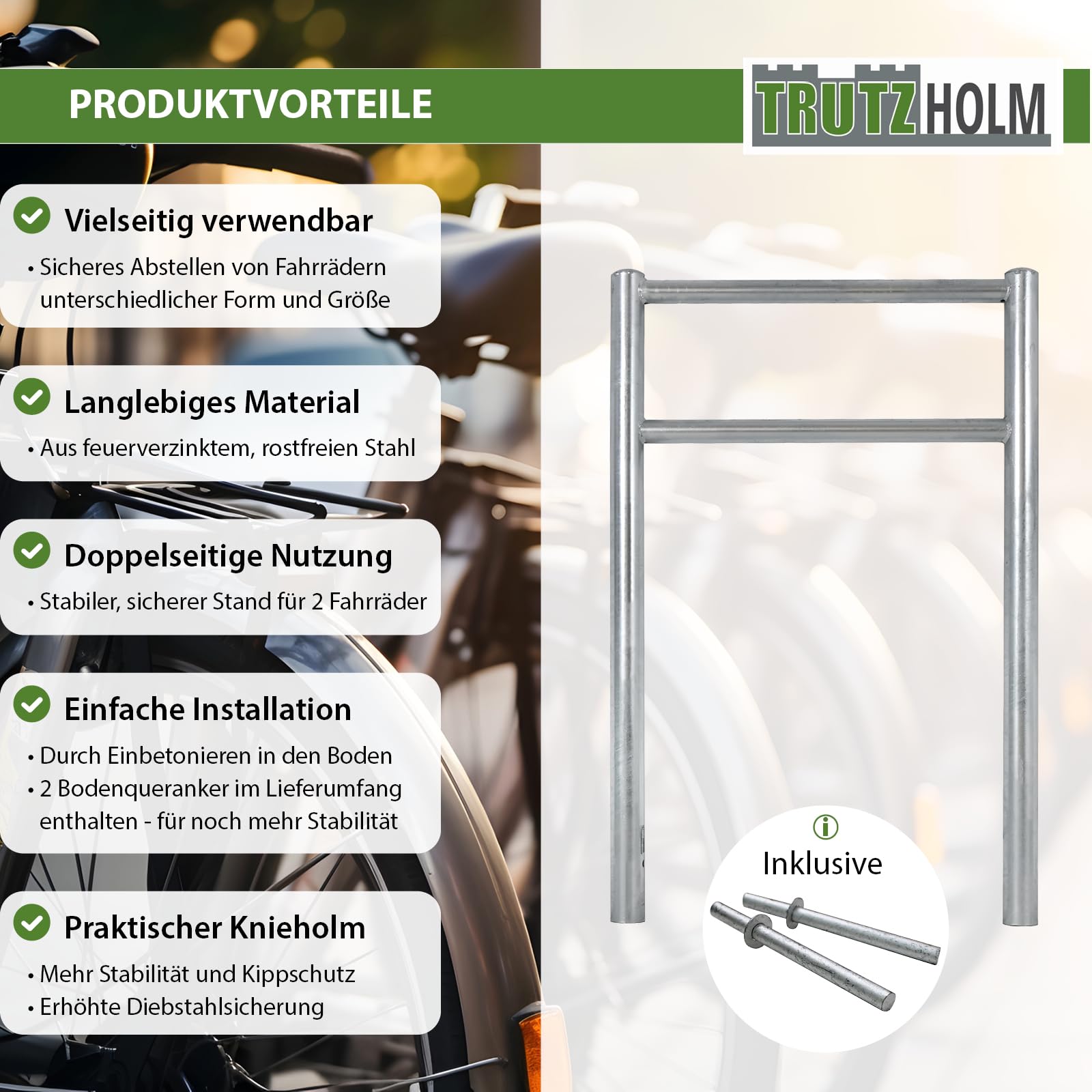 TRUTZHOLM Fahrradanlehnbügel mit Knieholm 115x75 cm Stahl feuerverzinkt Ø 60 mm Anlehnbügel zum Einbetonieren Fahrradbügel Fahrradständer Parker Diebstahlsicherung Fahrrad Anlehner