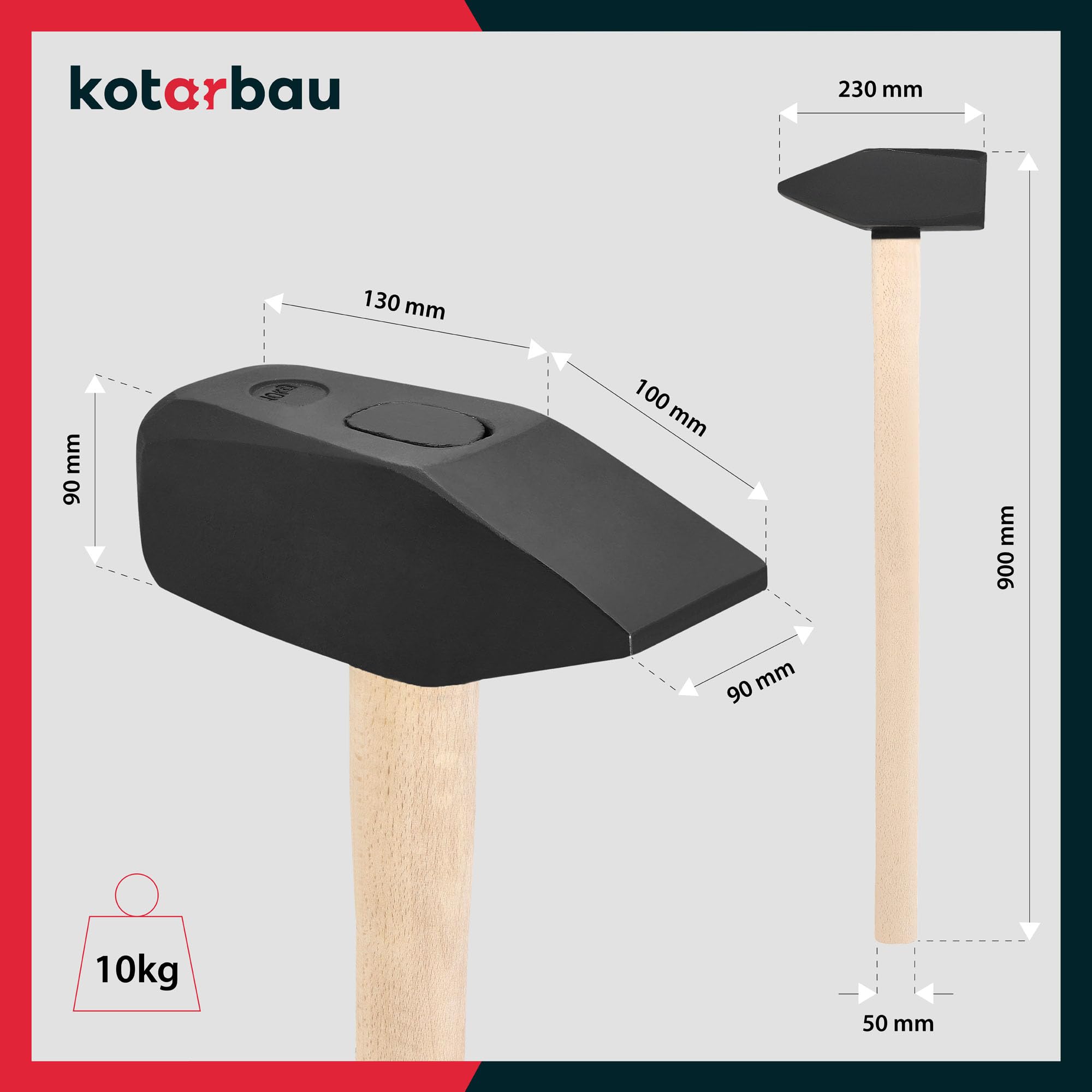 KOTARBAU® Hammer - 10 kg - Schlosserhammer mit Holzstiel - 90 cm - Vorschlaghammer - mit robustem Kopf - Ergonomisch - Heimwerker Werkzeug - Stahl
