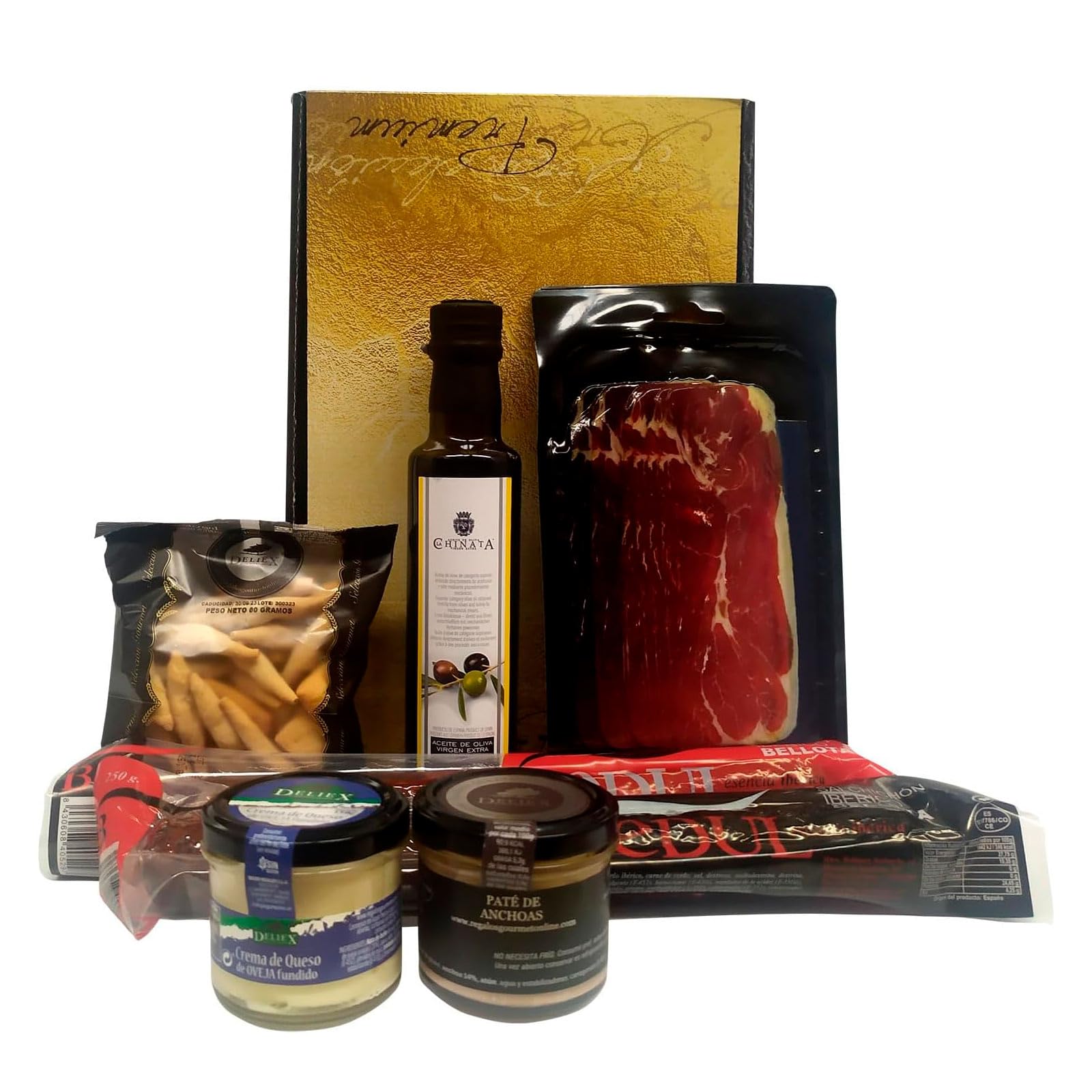 Deliex delicias de Extremadura. Cesta gourmet para regalar con aceite La Chinta, jamón, ibéricos y patés. Regalos para cumpleaños o Navidad. Lote delicatessen.