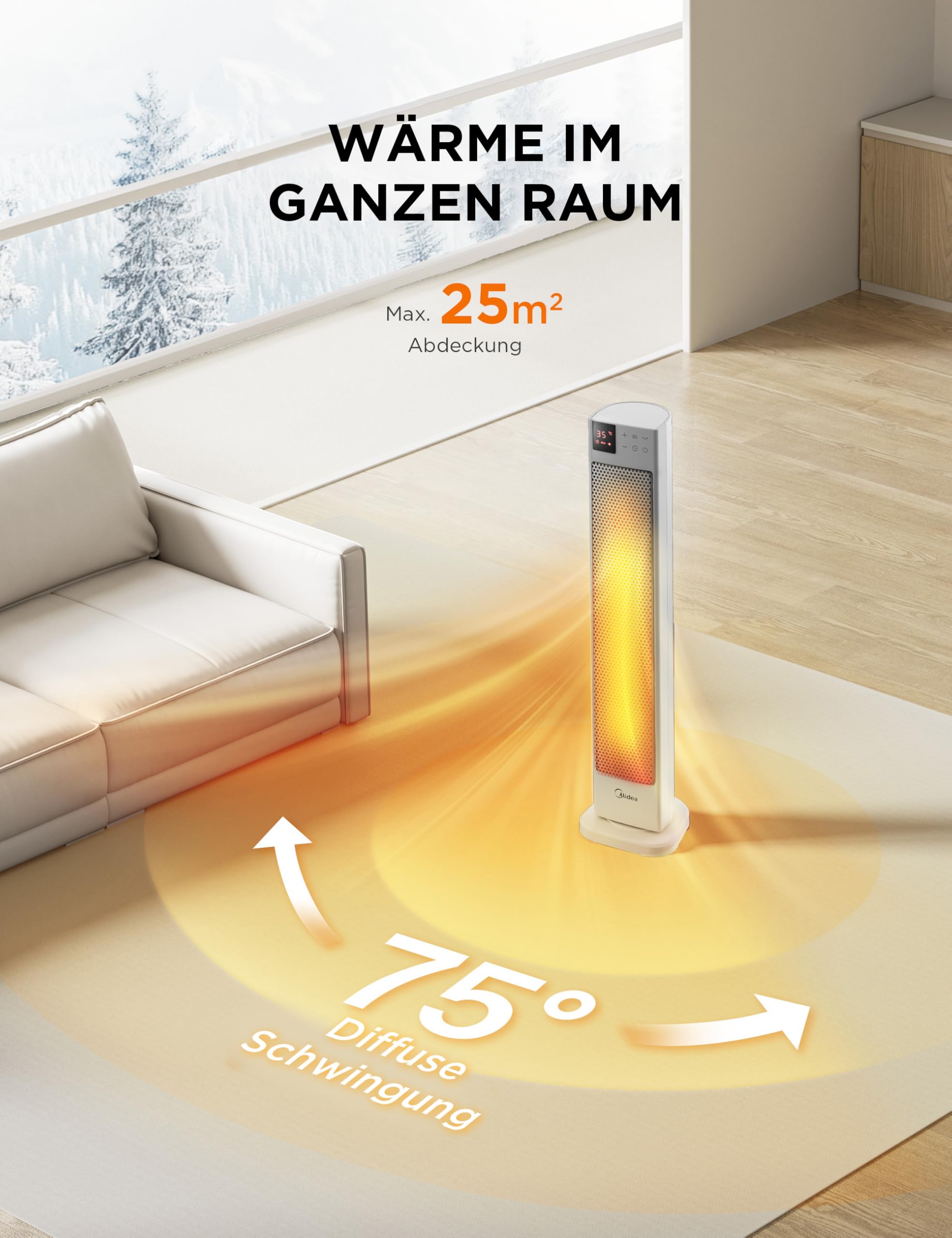 Midea NTH20-22GR(WH) PTC Keramik Heizlüfter 2000 Watt mit Thermostat, Fernbedienung, 2 Heizstufen, 24H Timer, ECO-Modus, 75° Oszillation