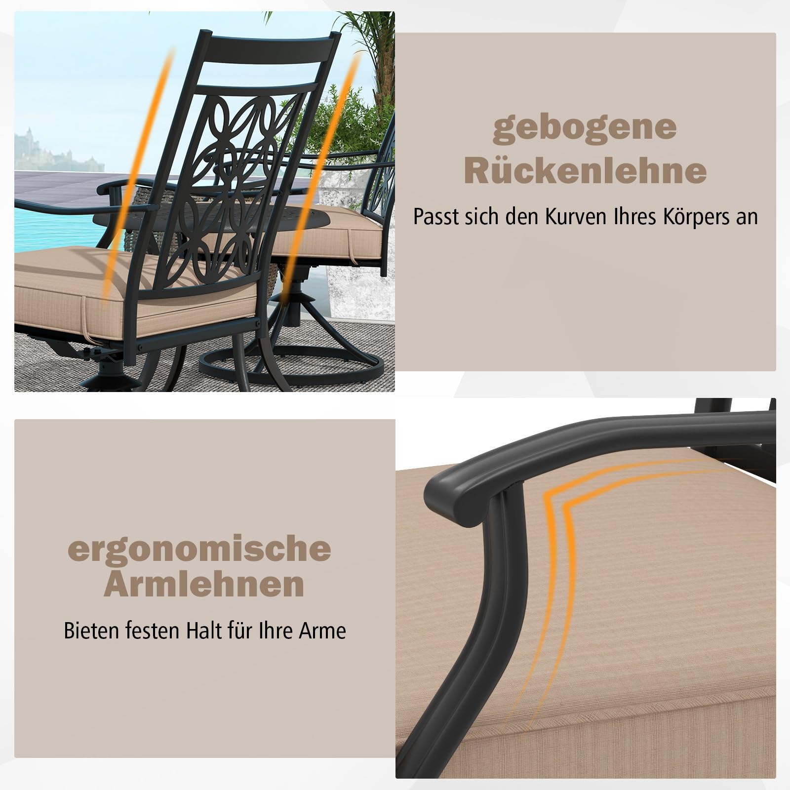 GOPLUS 2er Set Gartenstuhl 360 Grad drehbar, Balkonstuhl Terassenstuhl aus Metall bis 150kg, Drehstuhl Outdoor mit Rückenlehne & Armlehnen für Garten Hof Balkon (Braun)