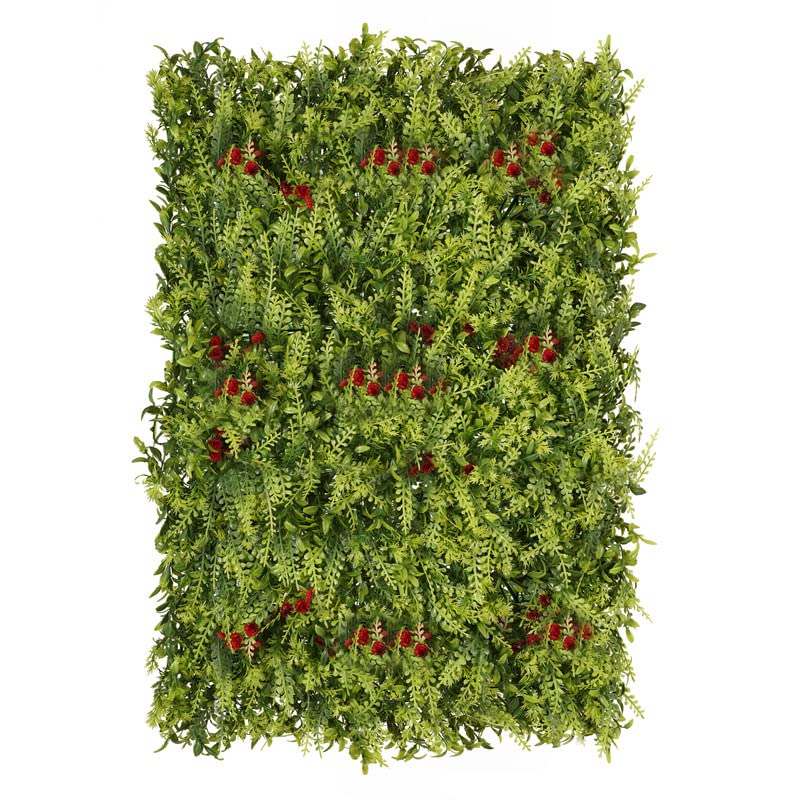 Image of Wall Grass (4 Pcs), Artificial Grass for Wall Decoration, Vertical Garden Artificial Mat, Artificial Grass Tiles for Balcony (Green and Red Flowers, 60cm x 40cm x 8cm, Pack of 4)