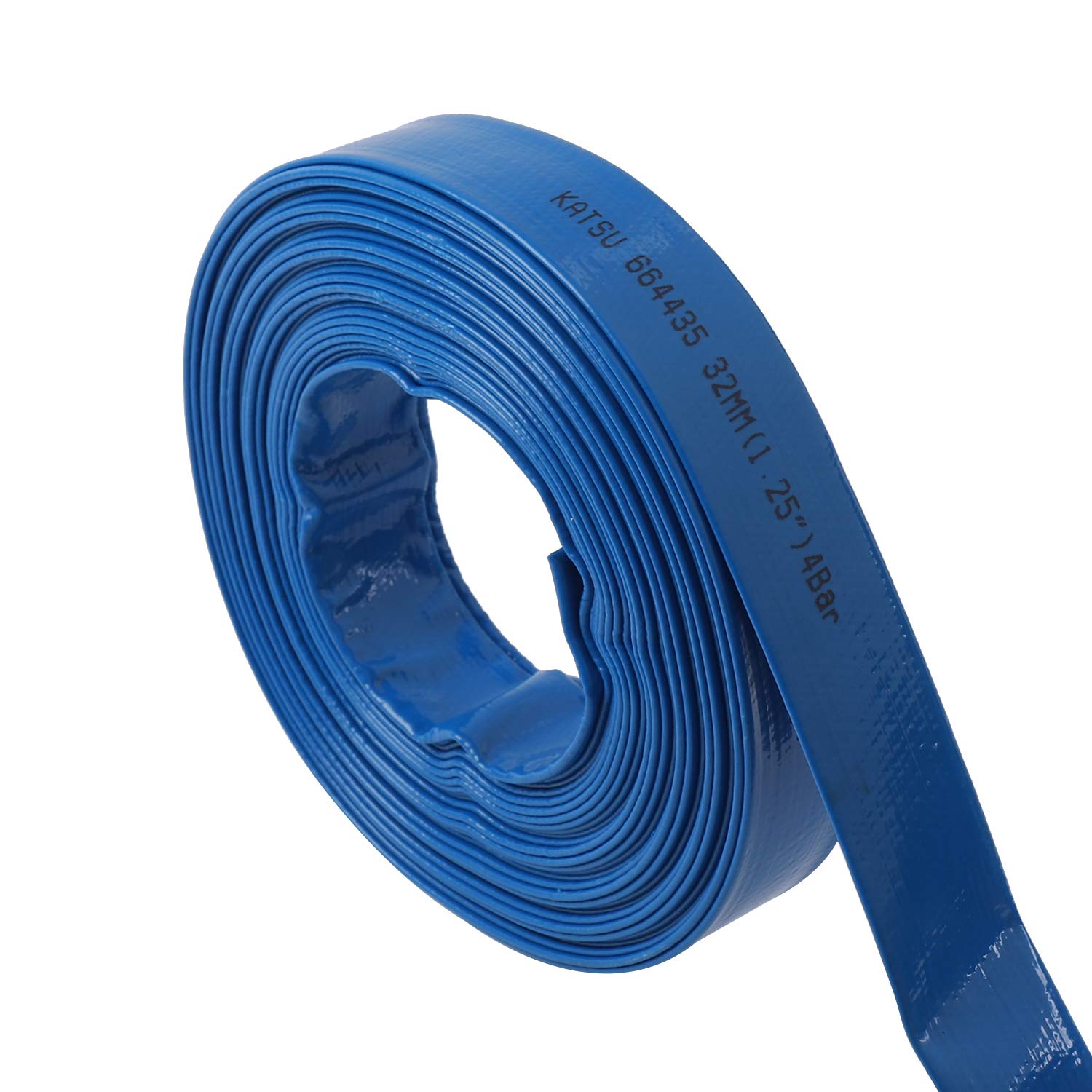 KATSU Tubo flessibile di scarico piatto 20 m x 32 mm, con 2 Clip e Connettore, per Pompe Sommerse e Altre Pompe dell'Acqua, per Laghetti Drenanti, Irrigazione del Giardino, Piscina, Blu 664435