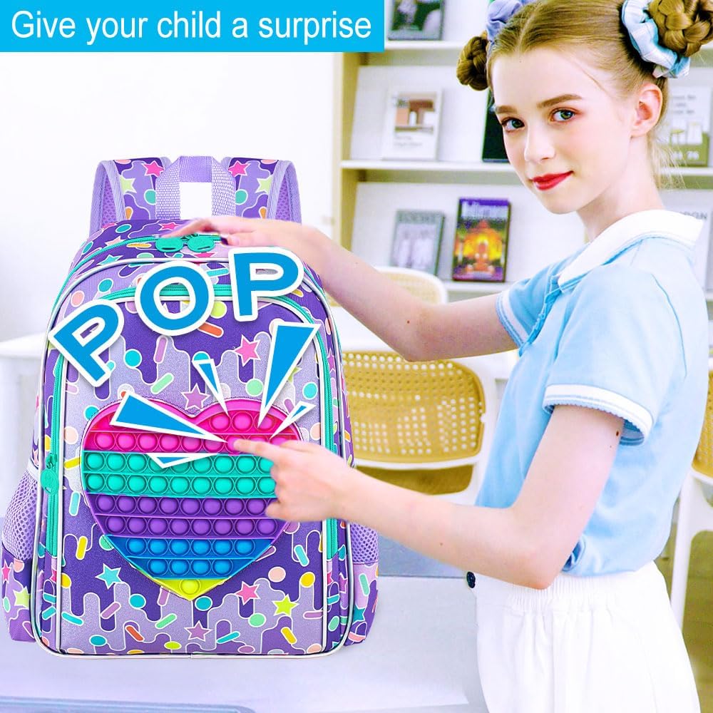 CCJPX 3PCS Backpack for Girls, 16”Kids Water Resistant Elementary Preschool Kindergarten School Bookbag with Lunch Box - Purple